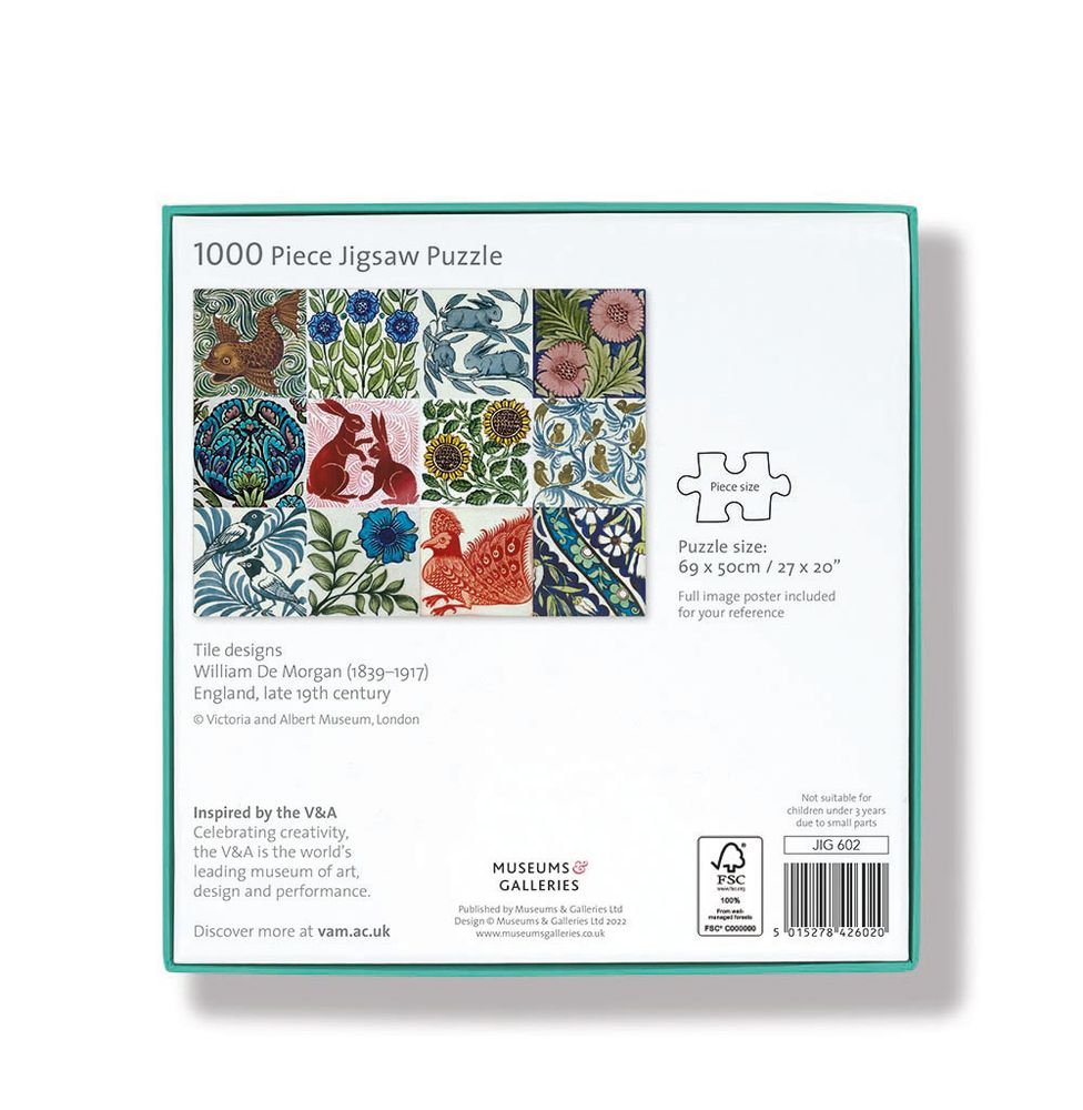 1000 piece jigsaw puzzle box with tile design inspired by William De Morgan