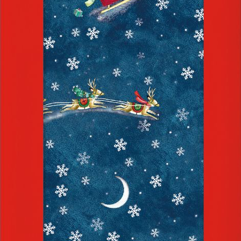 Tissue paper packaging with Santa Claus and reindeer design on a blue background, featuring the Museums & Galleries logo.