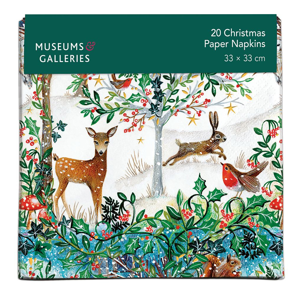 Pack of 20 Christmas paper napkins with nature-themed design featuring animals and foliage.