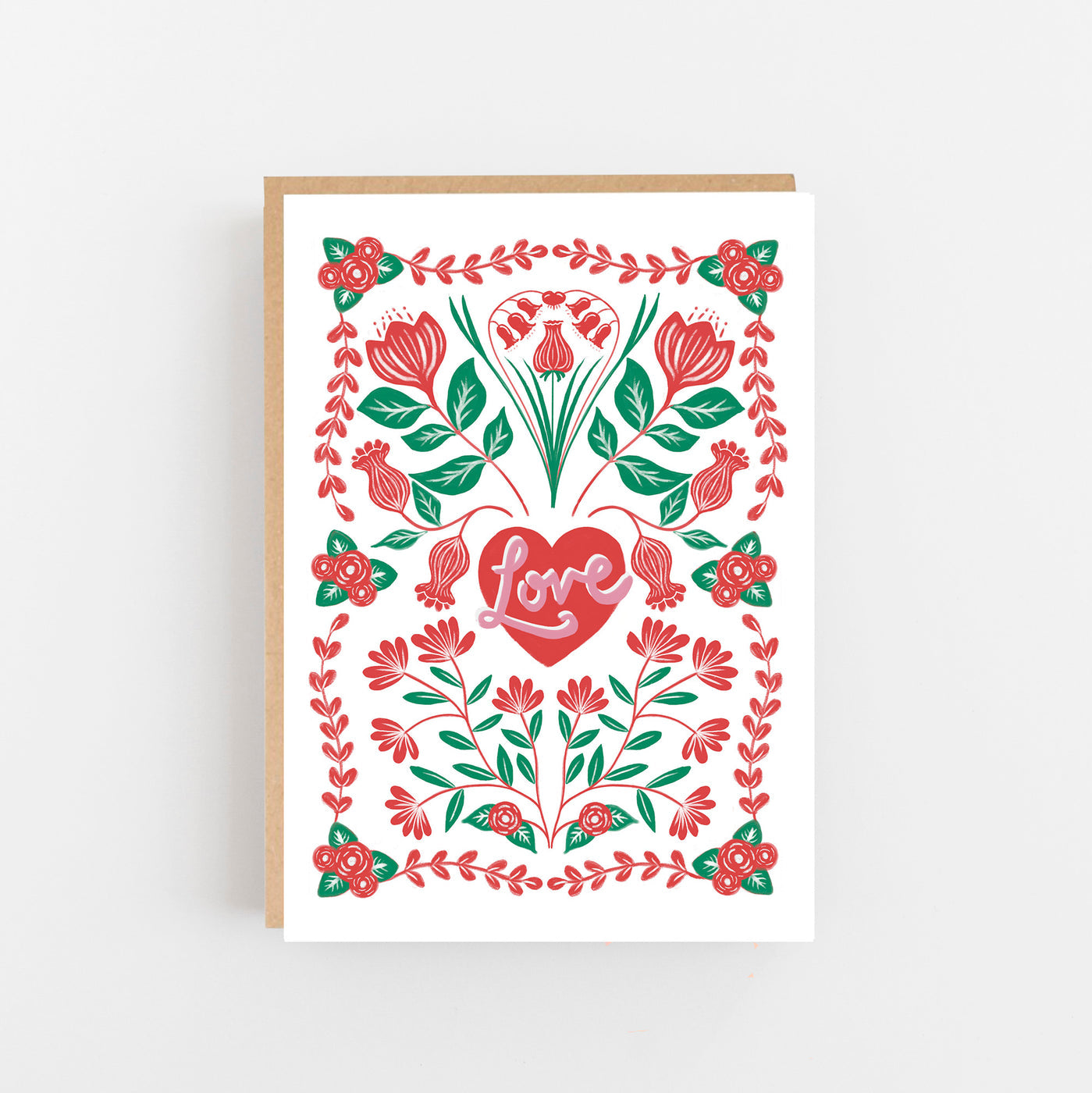Decorative print with floral design and 'love' text on a white background
