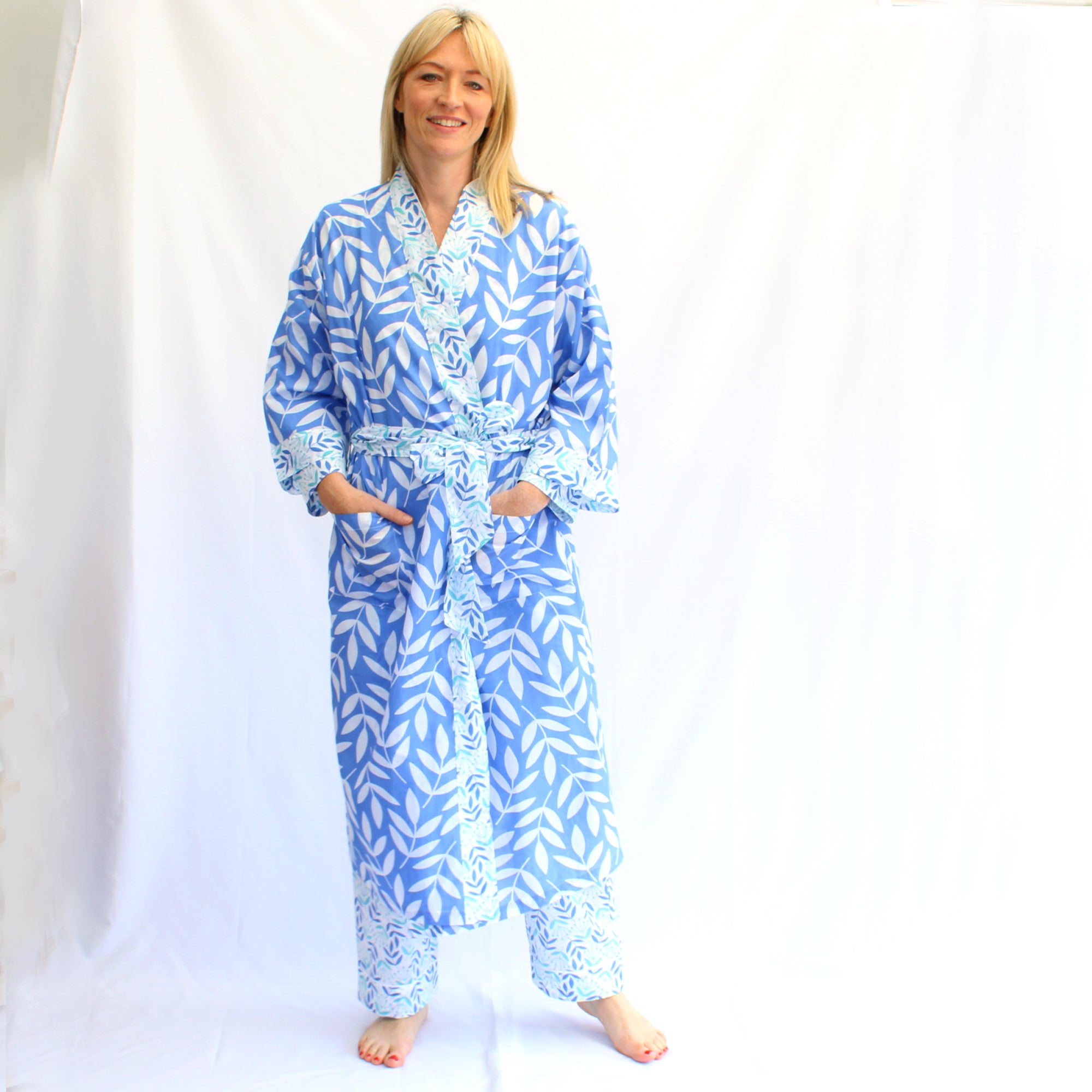 Full Length Cotton Kimono - Large Leaf China Blue