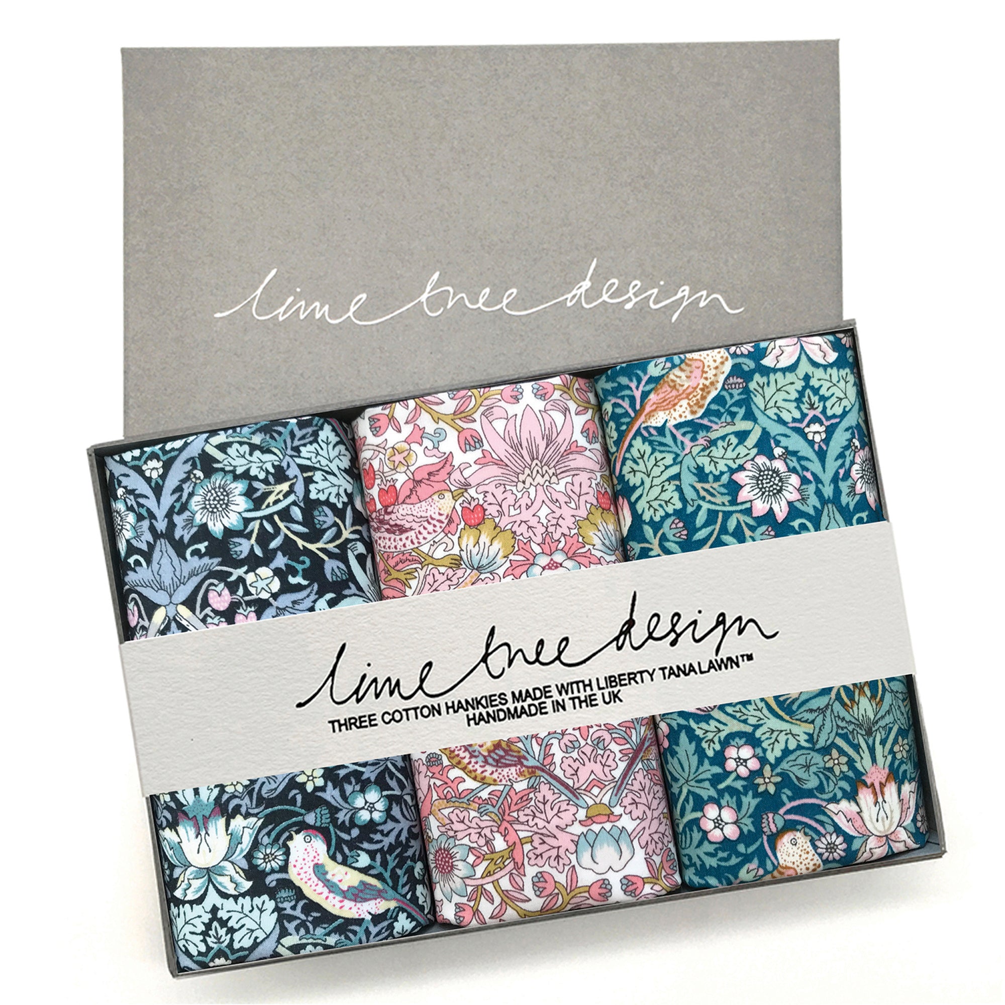Box of cotton handkerchiefs in Strawberry Thief pattern with 'lime tree design' branding