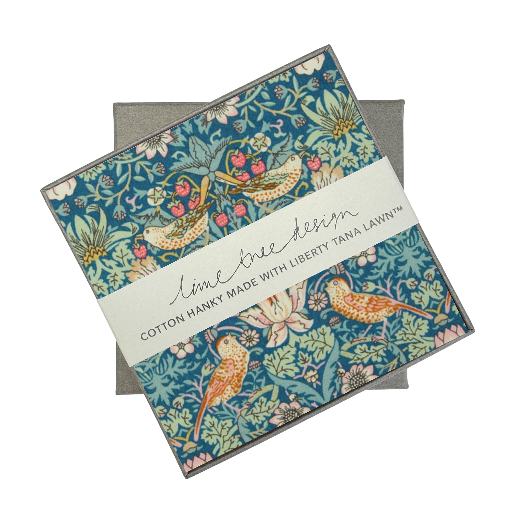 Single Boxed Hanky made with Liberty Tana Lawn Strawberry Thief Green