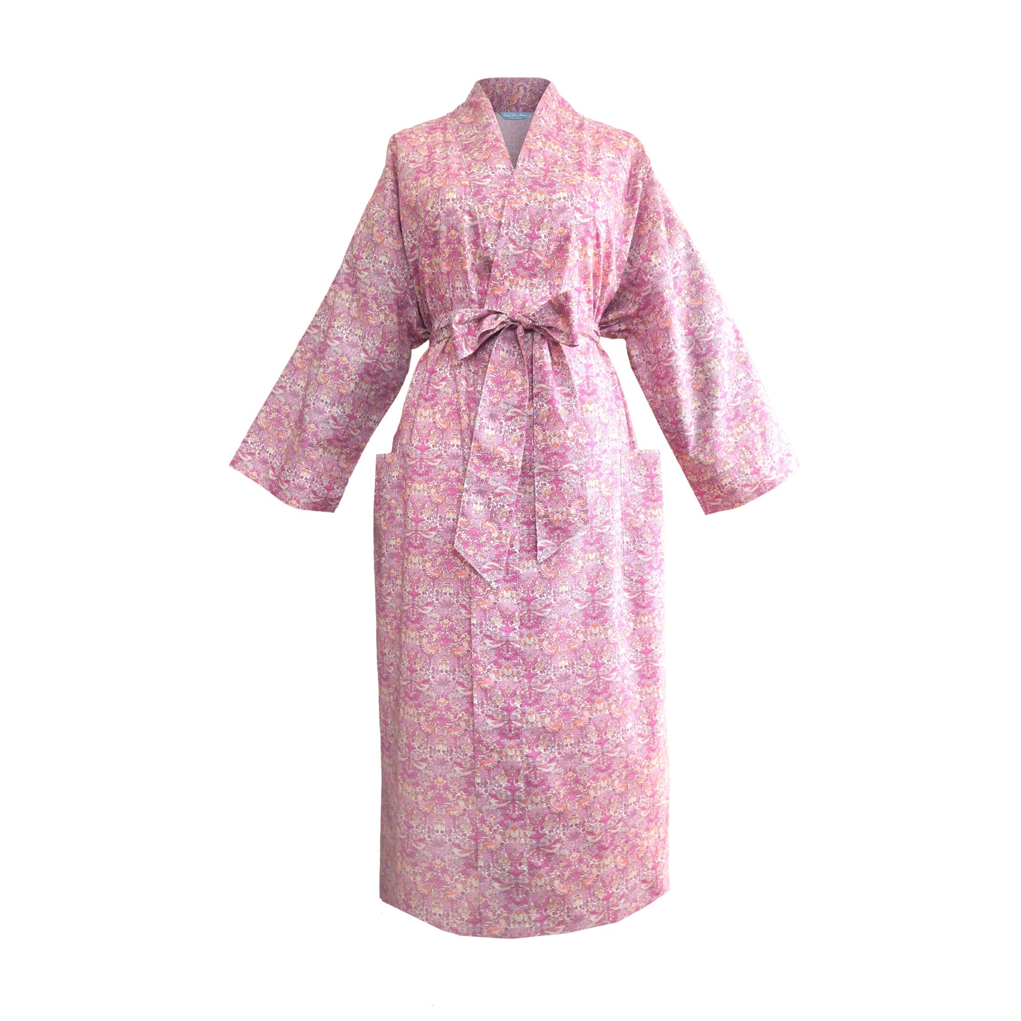 Long Kimono Robe :Strawberry Thief Pink - Morris Collection Made
