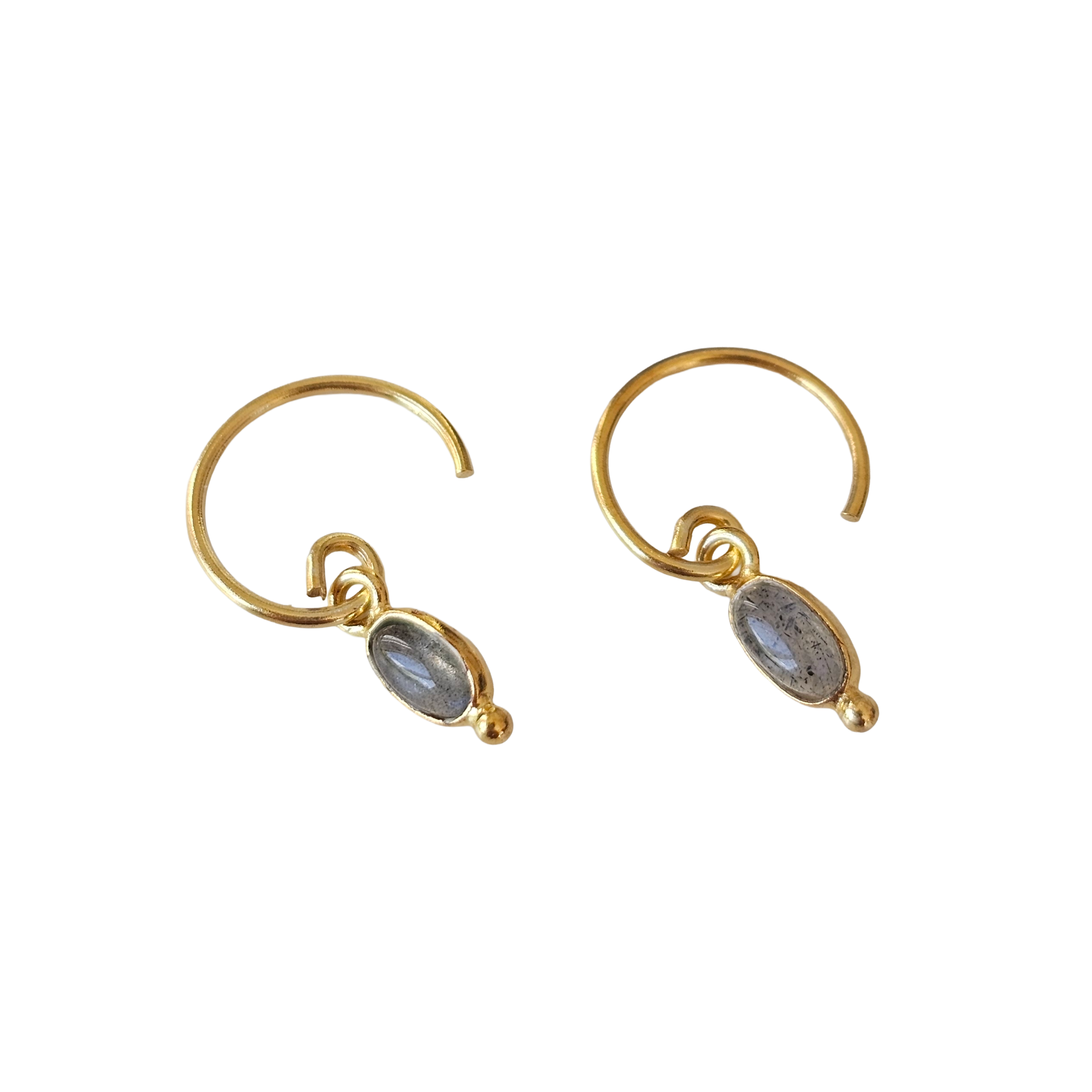 Gold hoop earrings with labradorite gemstones on a white background