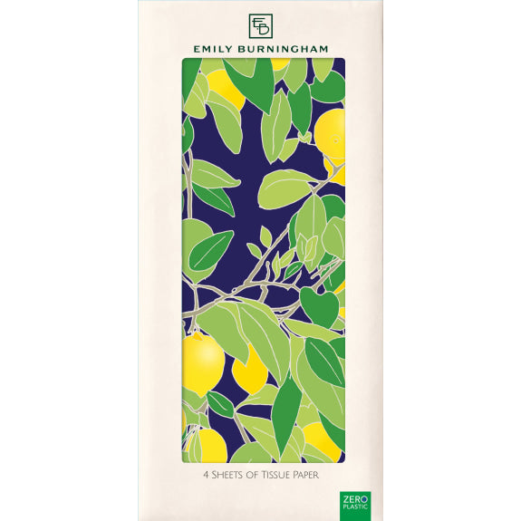 A pack of 4 sheets of tissue paper featuring a lemon grove design on a blue background,