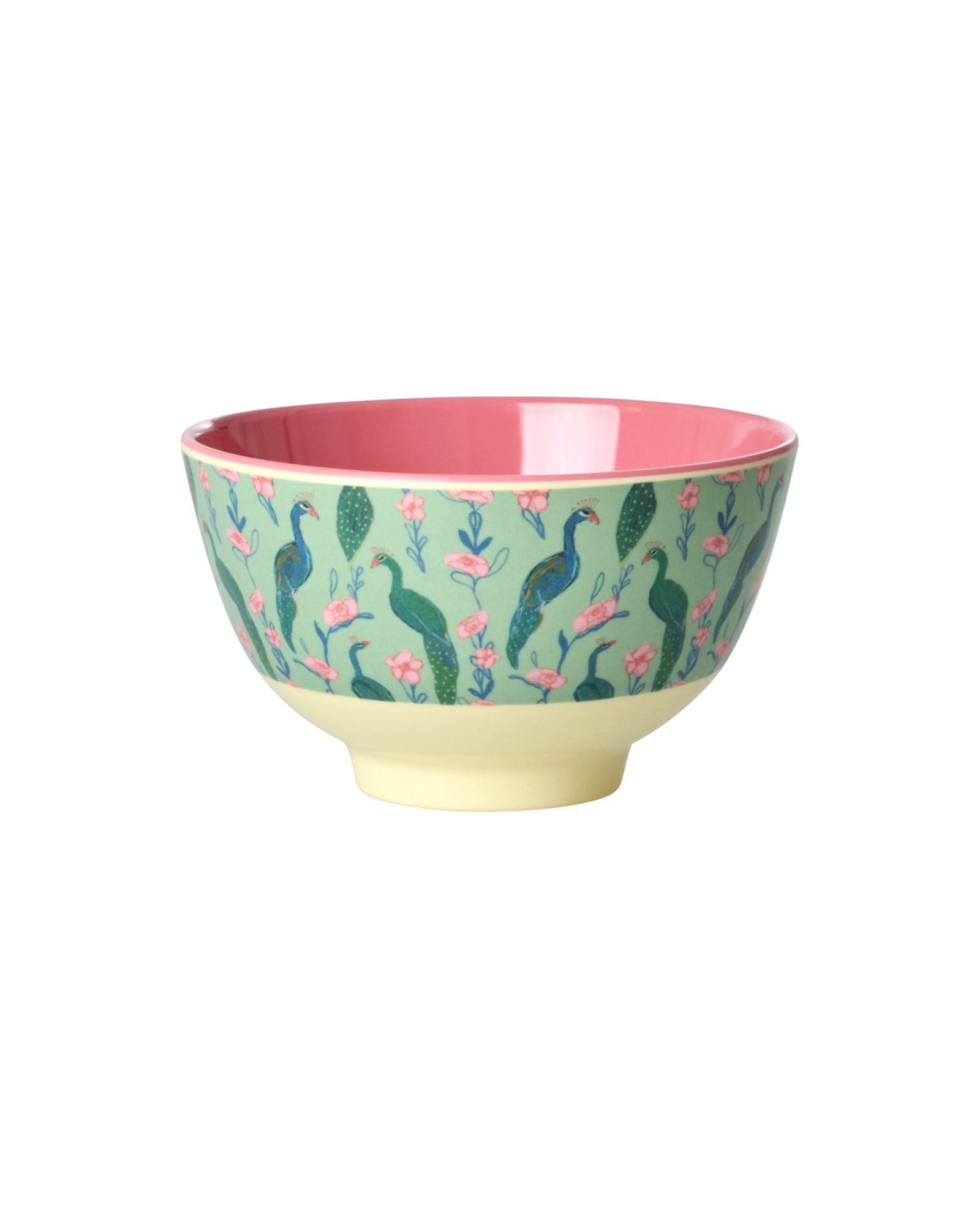 Bowl with floral and peacock design on a white background