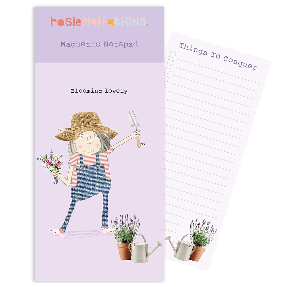 Magnetic notepad with a gardening illustration on a purple background