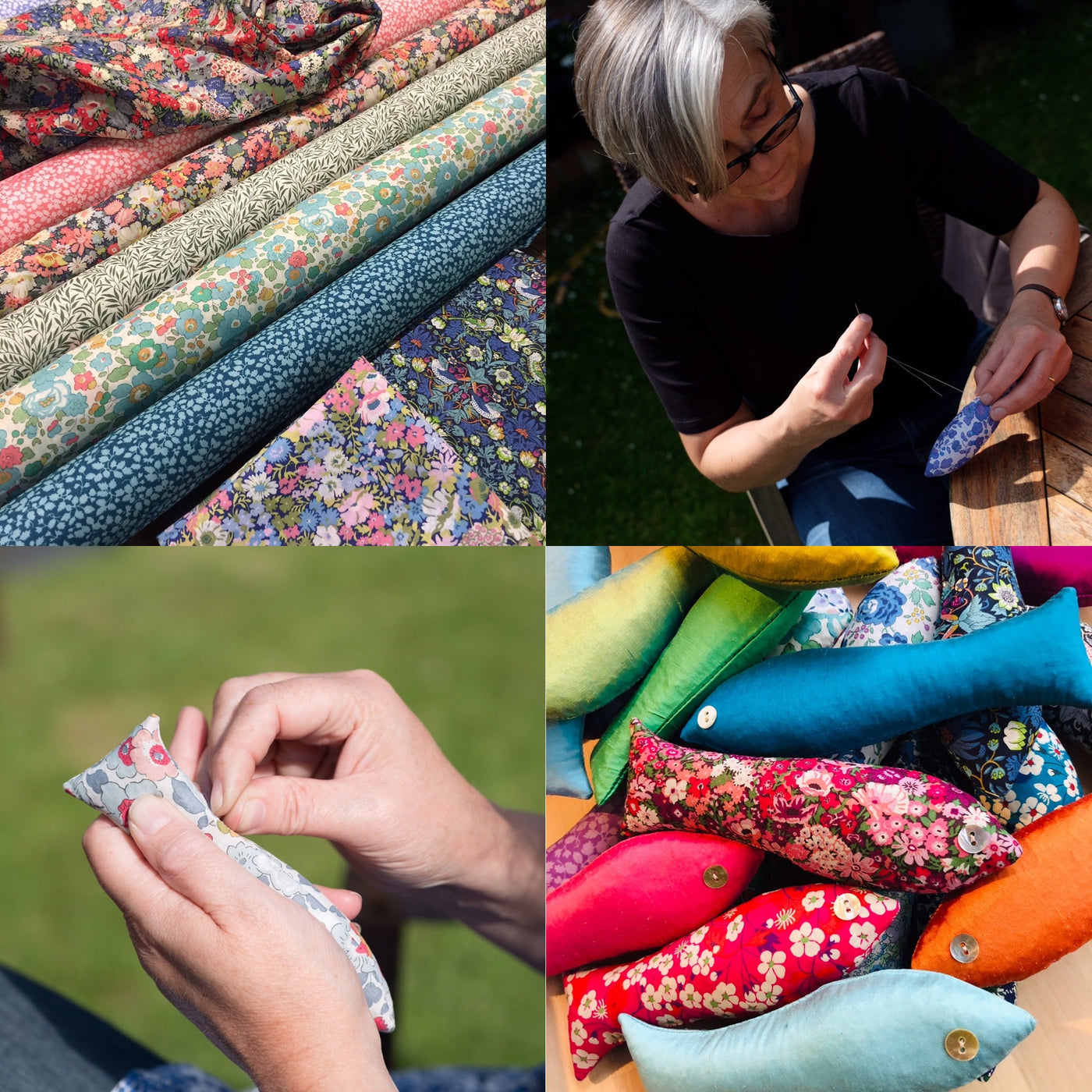 Collage of fabric rolls, a person working with fabric, and colorful fabric items.