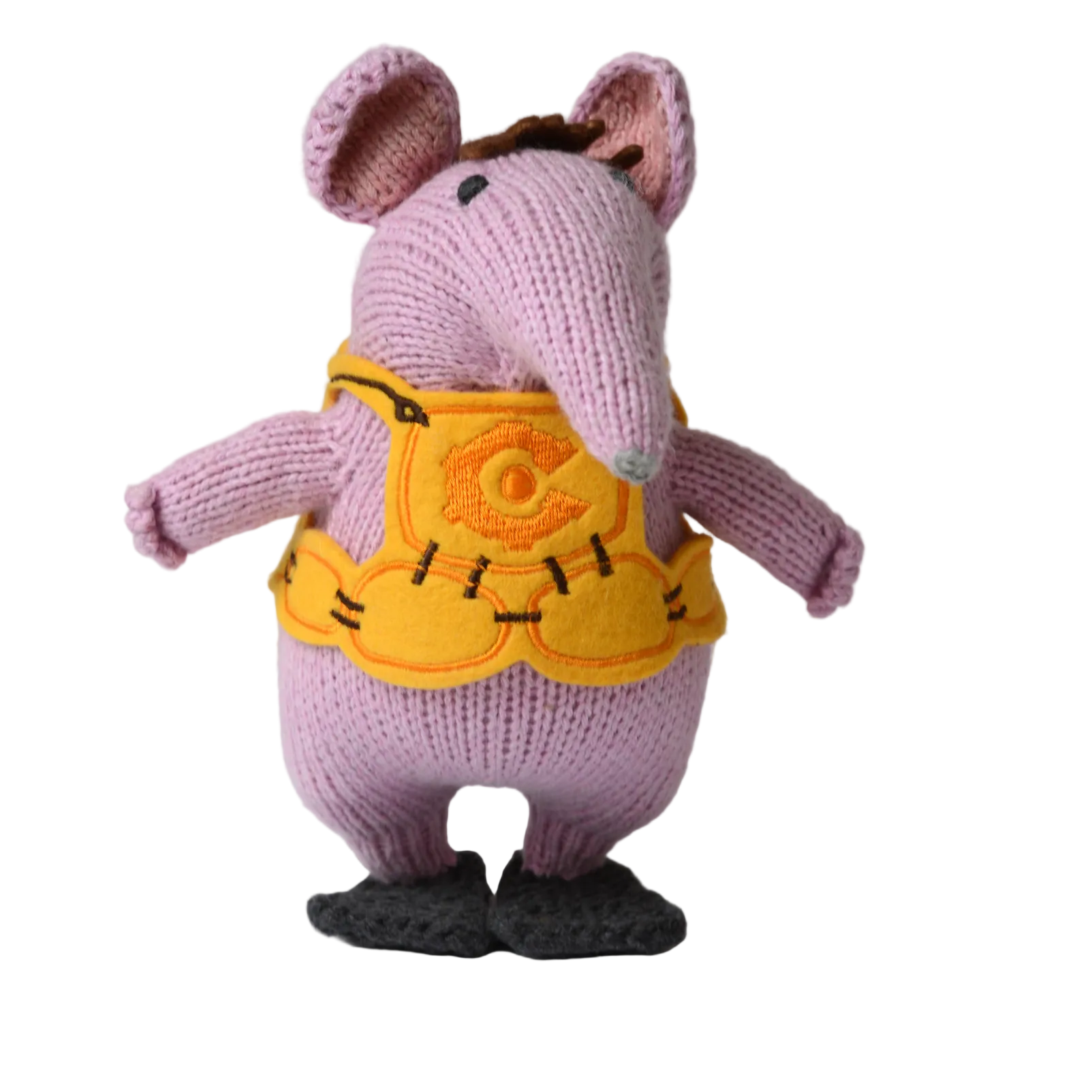 A knitted mouse toy wearing a yellow harness vest and black shoes.
