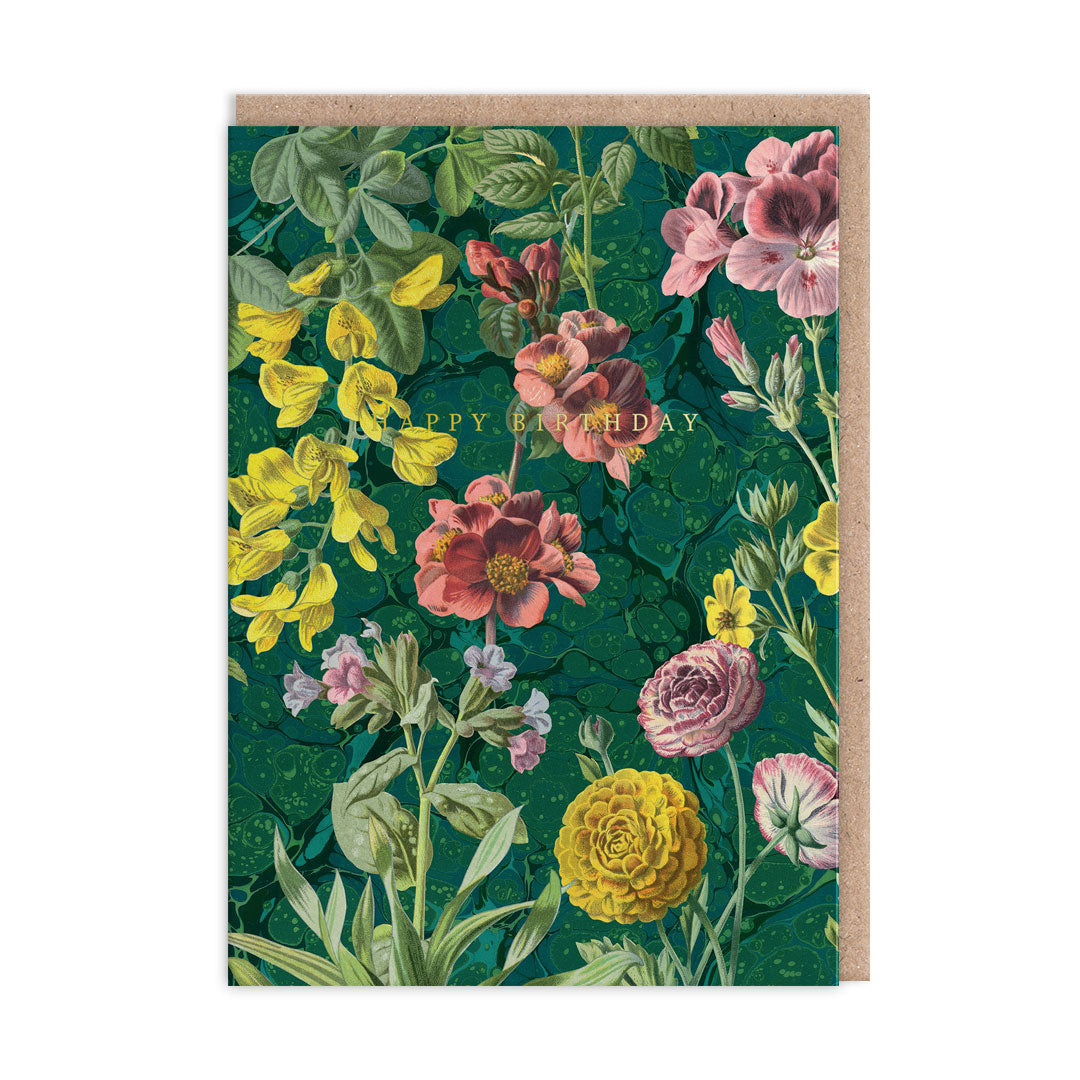 Greeting card with floral botanical design on a green background. Reads ‘HAPPY BIRTHDAY’ in gold.