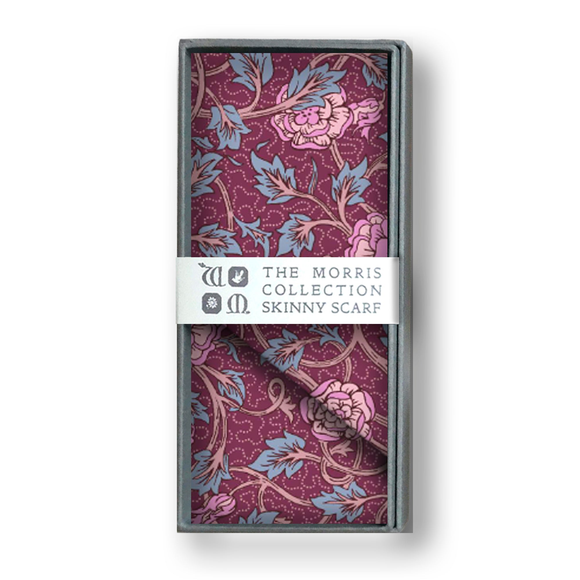Skinny scarf in floral fabric in pinks and blues, in a grey presentation box with “The Morris Collection” branding,