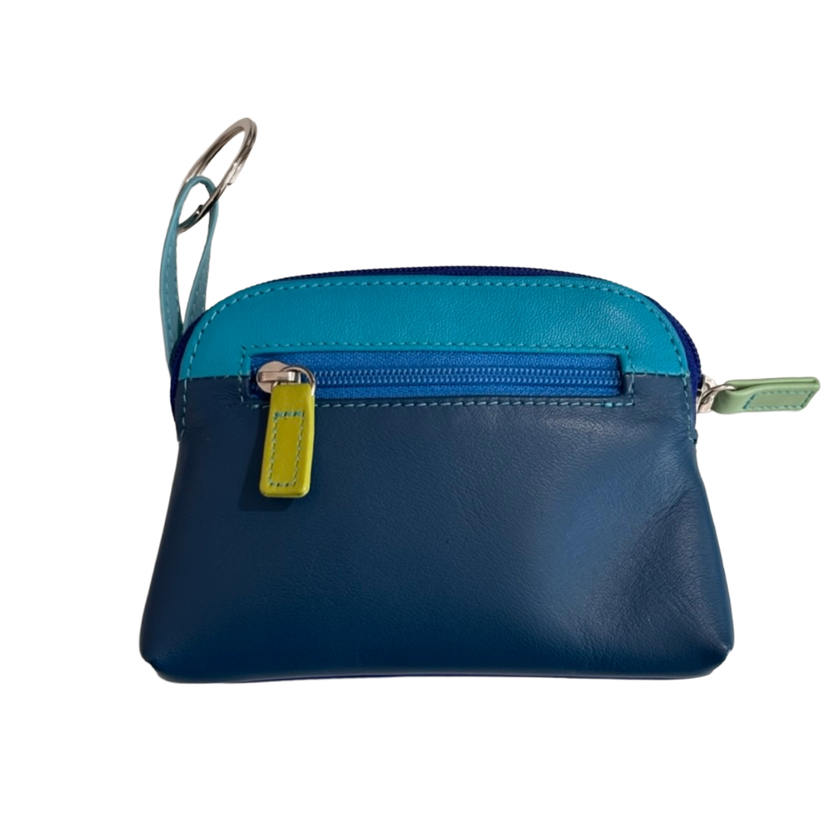 Blue leather pouch with a yellow zipper on a white background