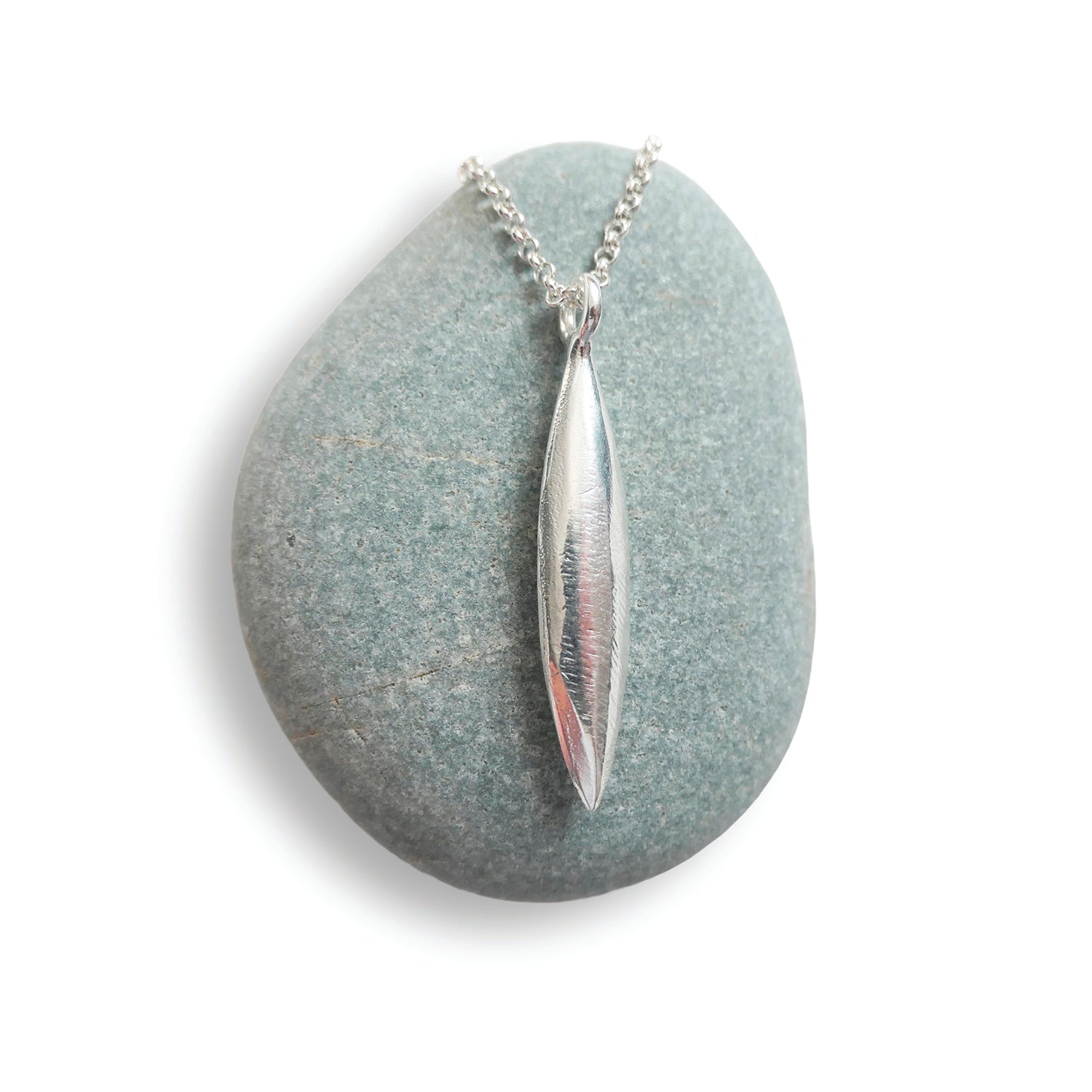 silver long pod shaped necklace