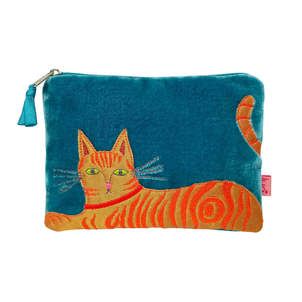 Blue pouch with an orange cat design on a white background