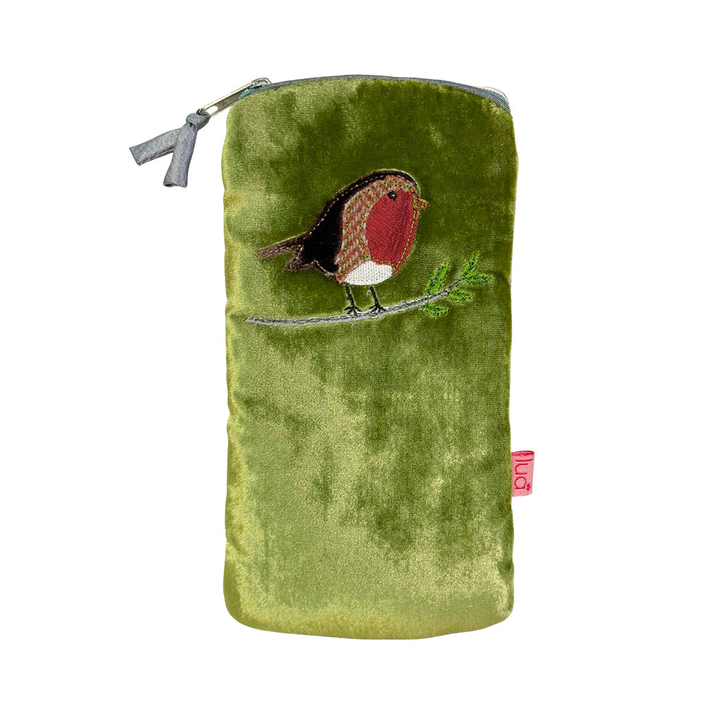 Green velvet pouch with a robin design on a white background