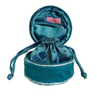 Teal velvet jewelry drawstring pouch with pink logo on a white background