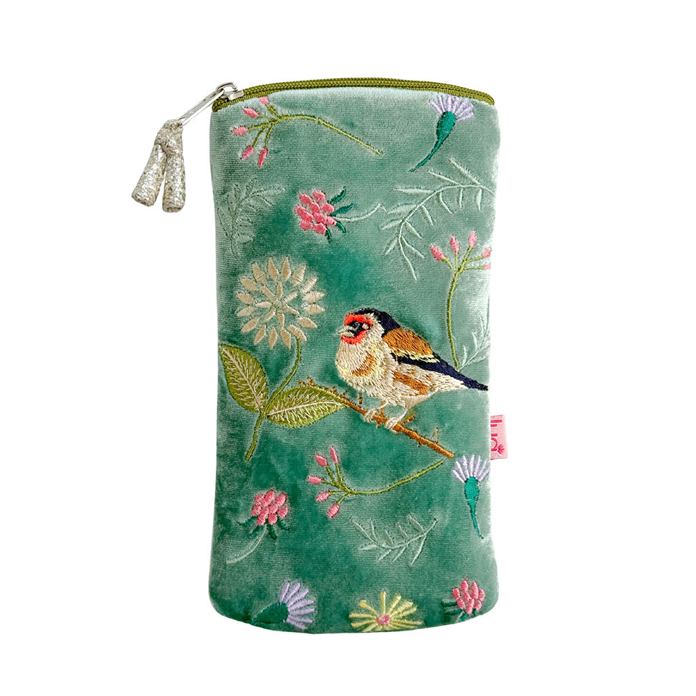 Embroidered pouch with a bird and floral design on a green background