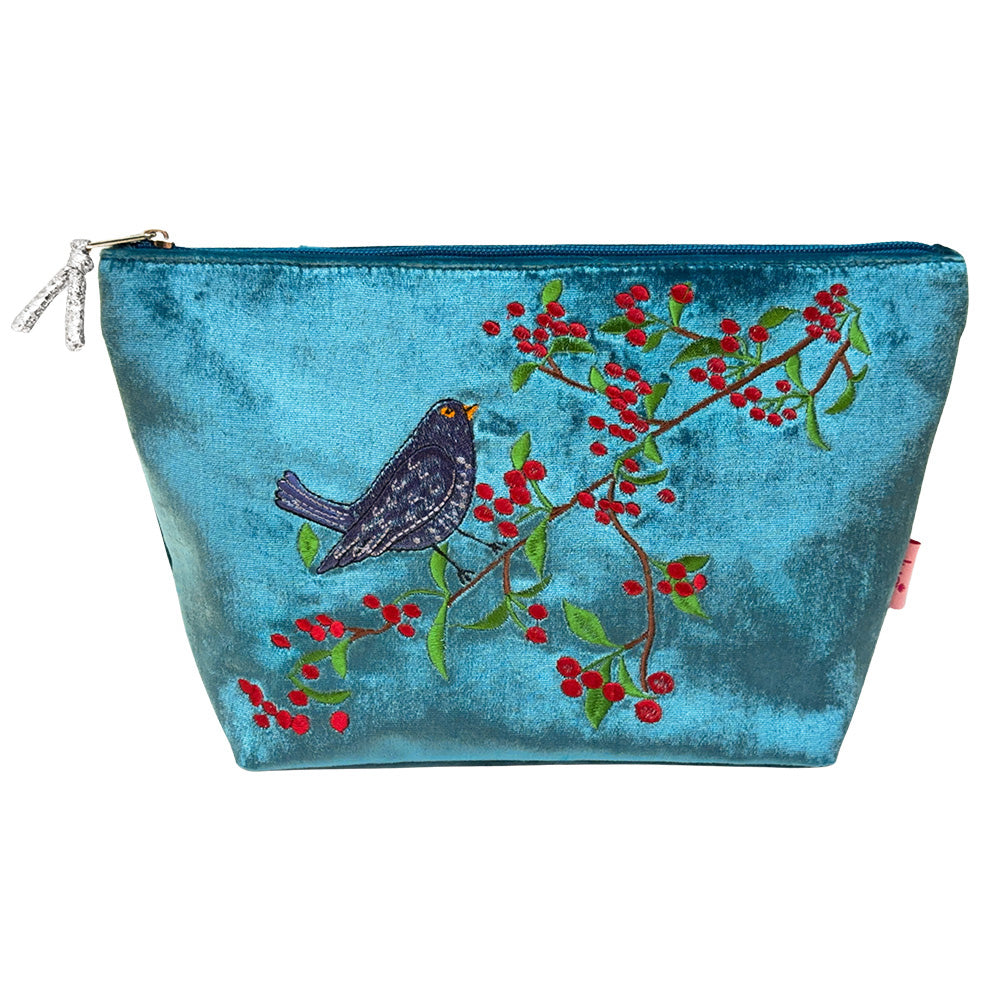 Blackbird and Berries Velvet Large Cosmetic Purse