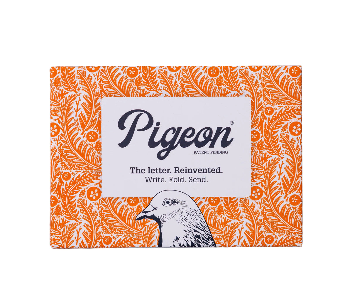 Pigeon letter writing kit packaging with orange and white design on a gray background