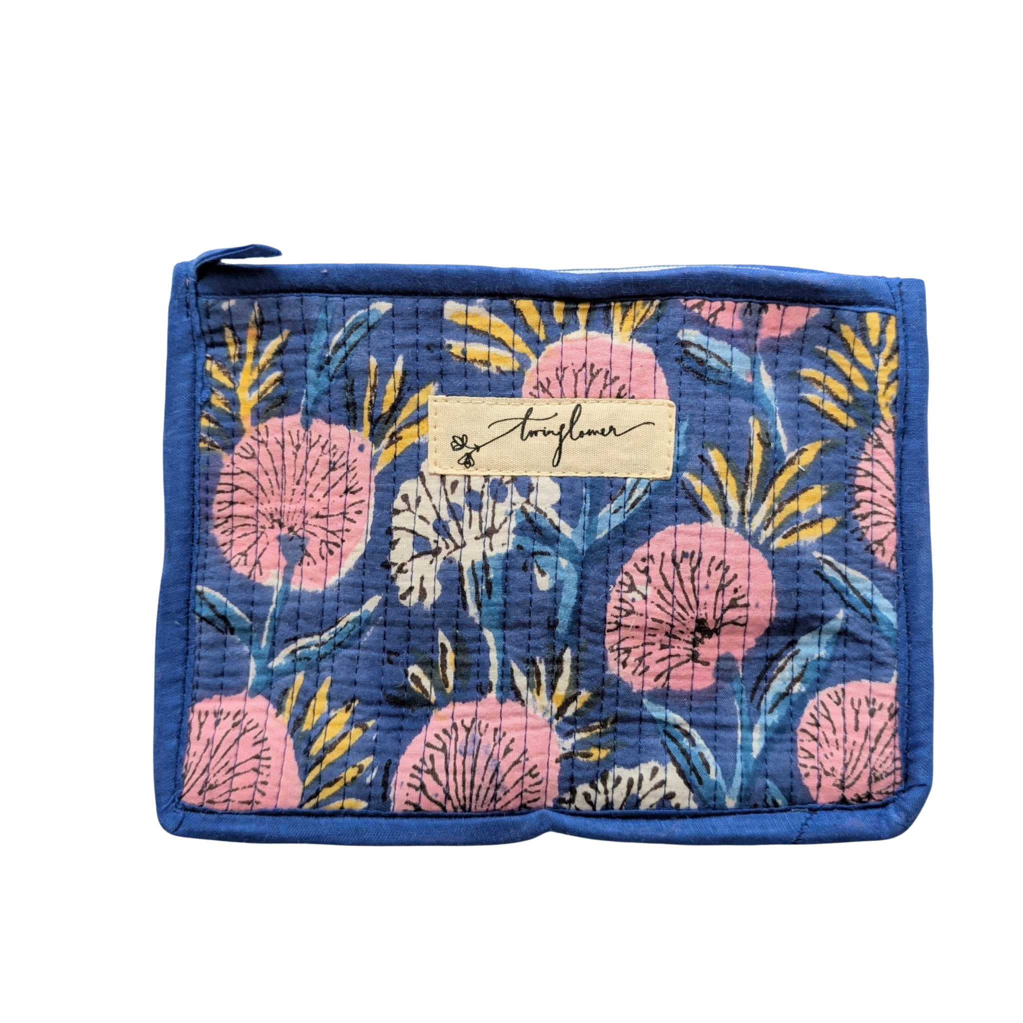 Floral-patterned pouch with a brand label on a white background