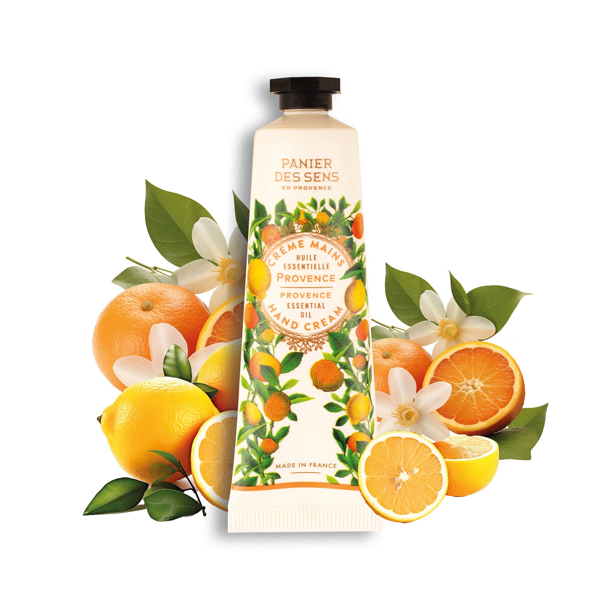 Hand cream with orange and lemon design on a white background