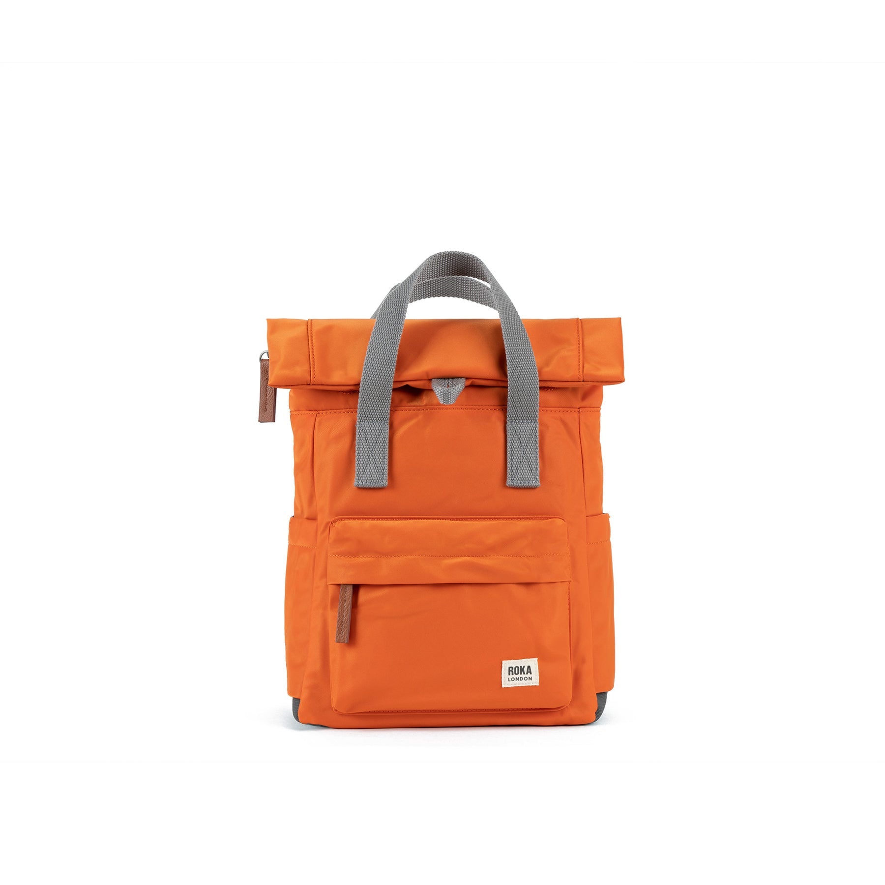 Orange backpack with gray handle on a white background