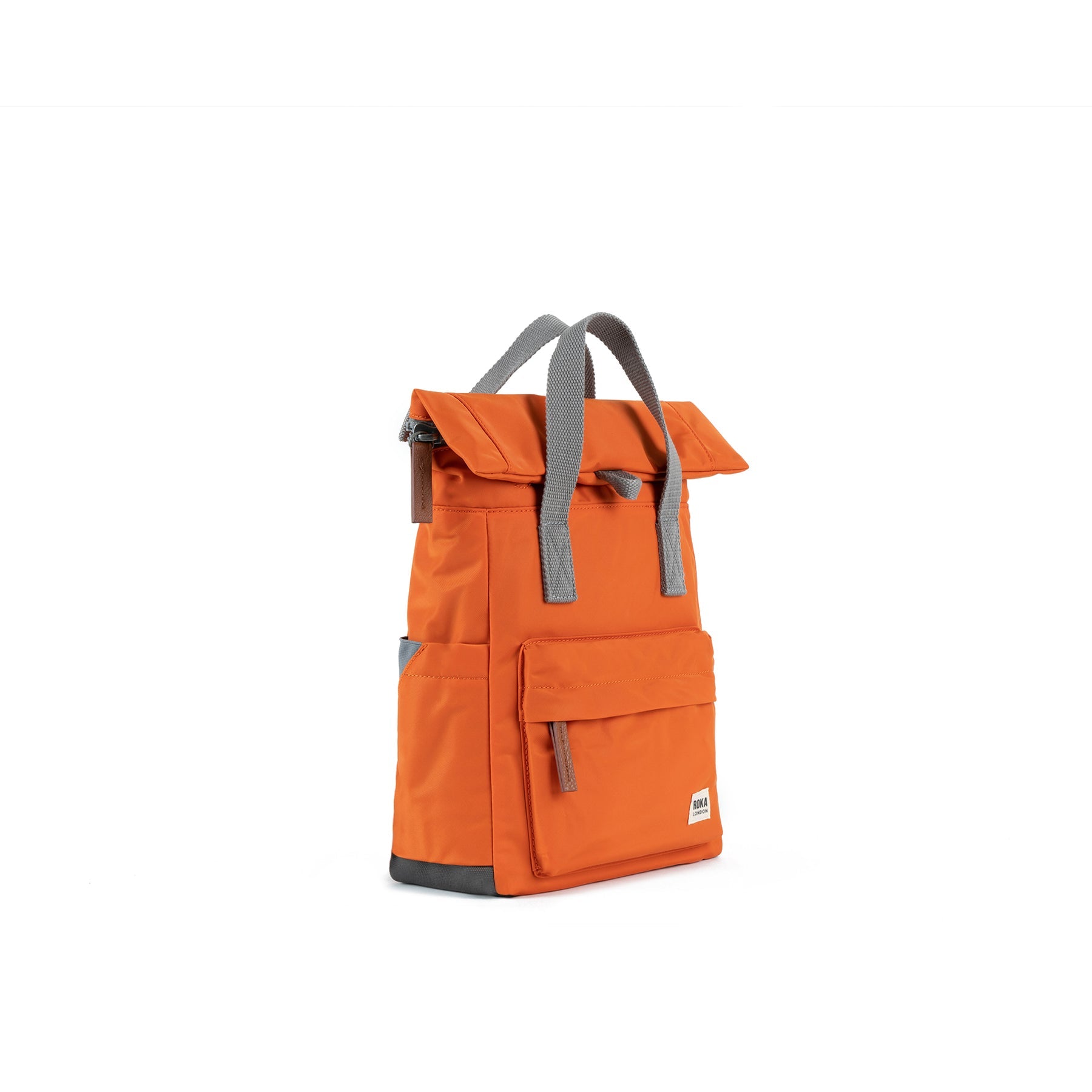 Orange backpack with gray straps on a white background