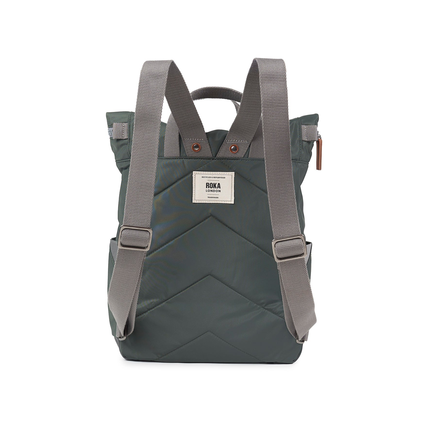 Green backpack with gray straps on a white background