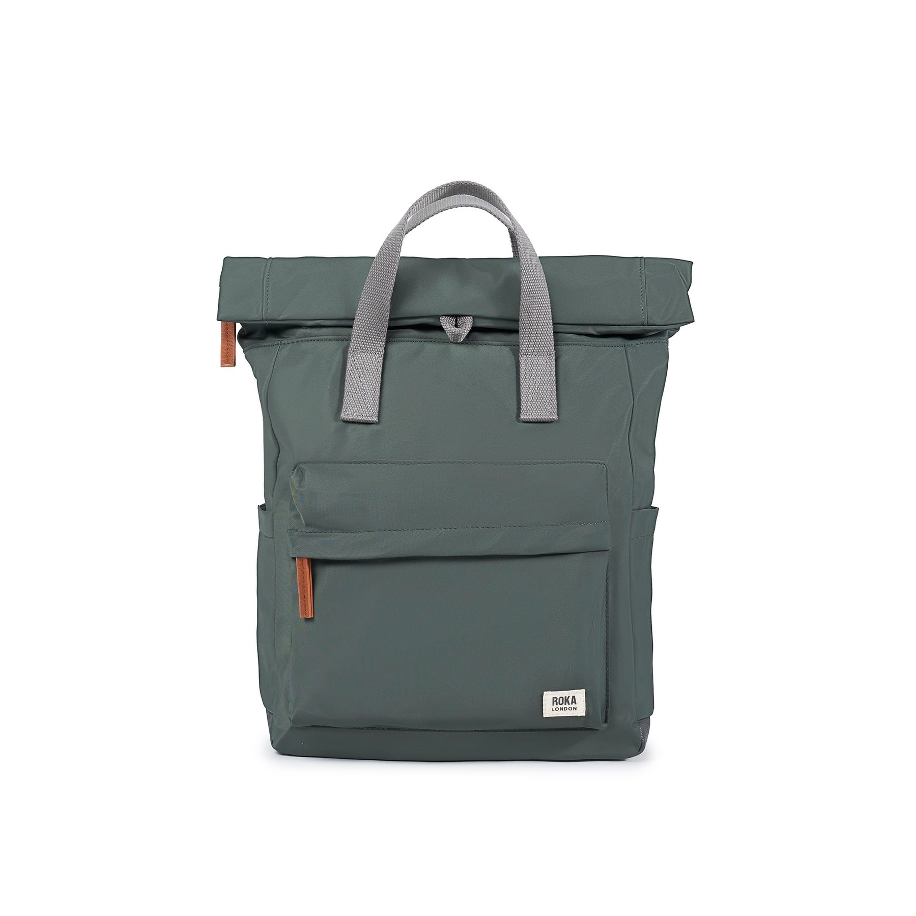 Green backpack with gray straps on a white background