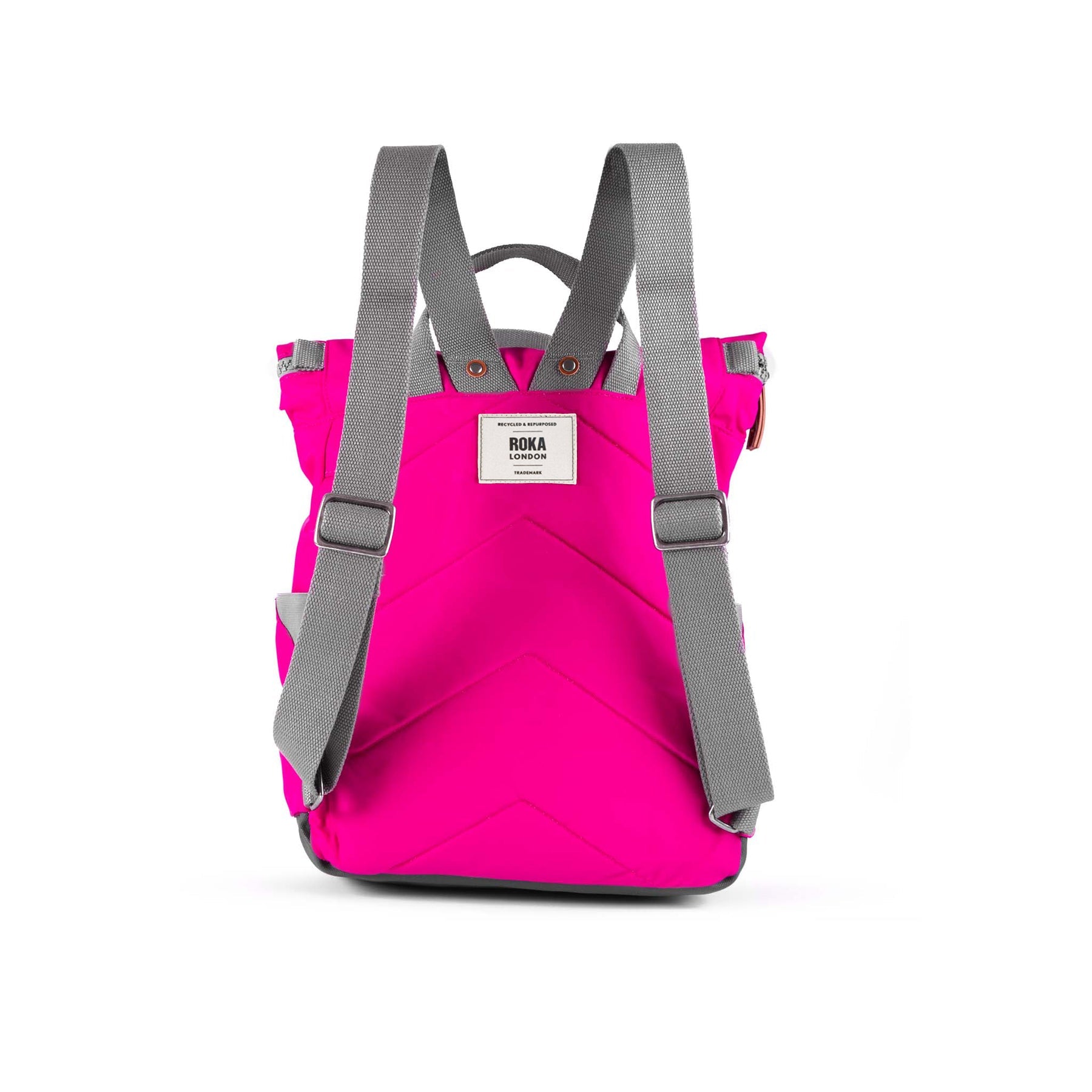 Pink backpack with gray straps on a white background