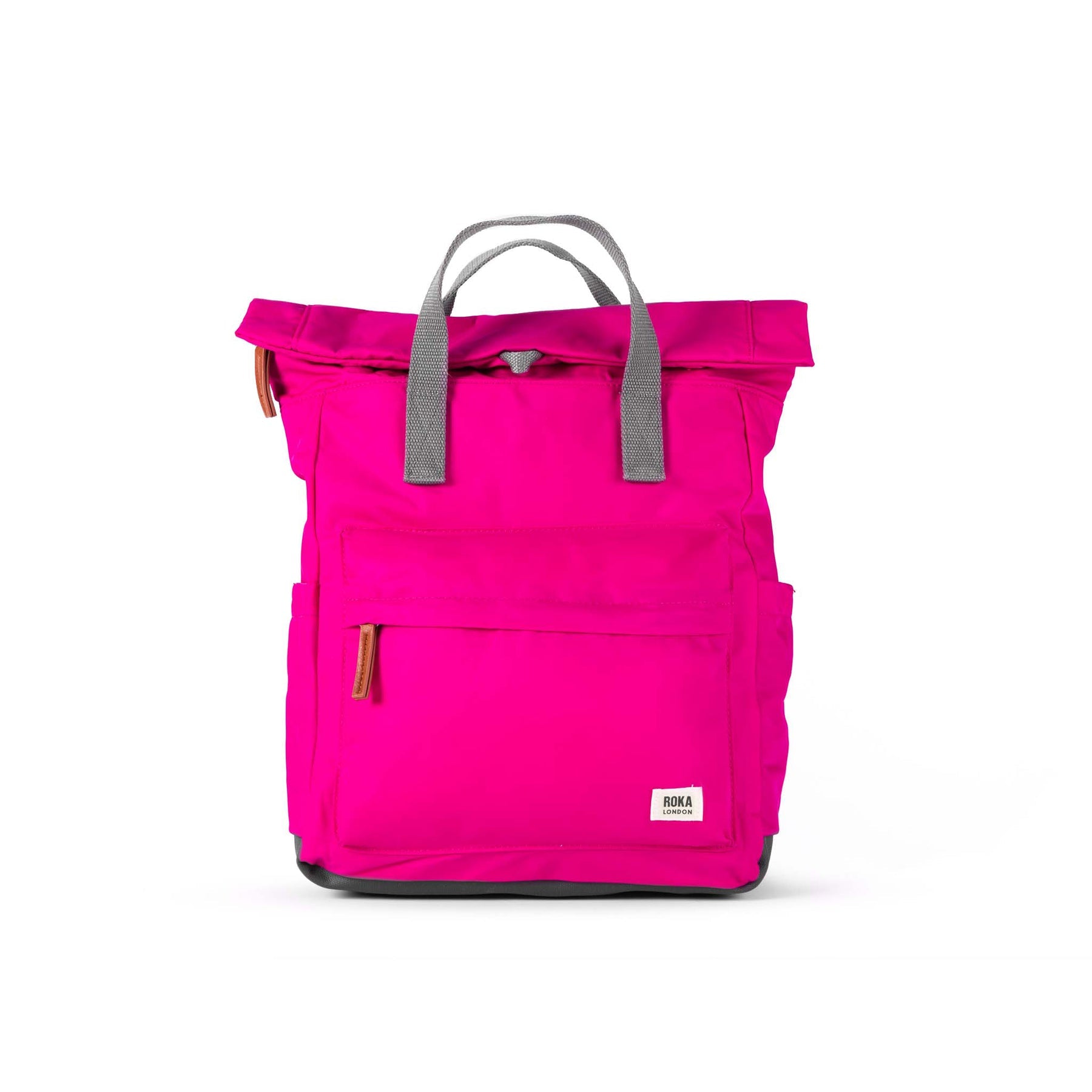 Pink backpack with gray straps on a white background