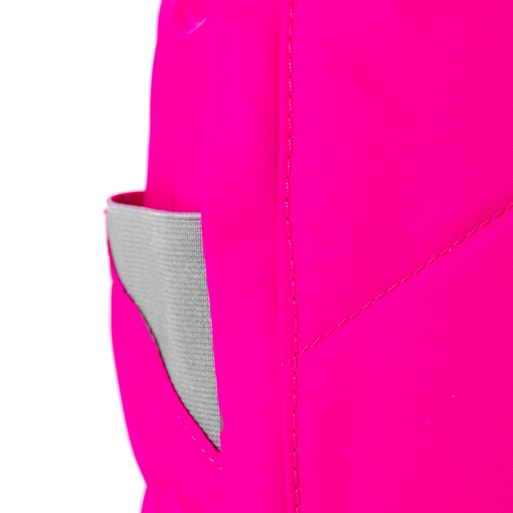 Close-up of a bright pink backpack with a gray pocket on a white background