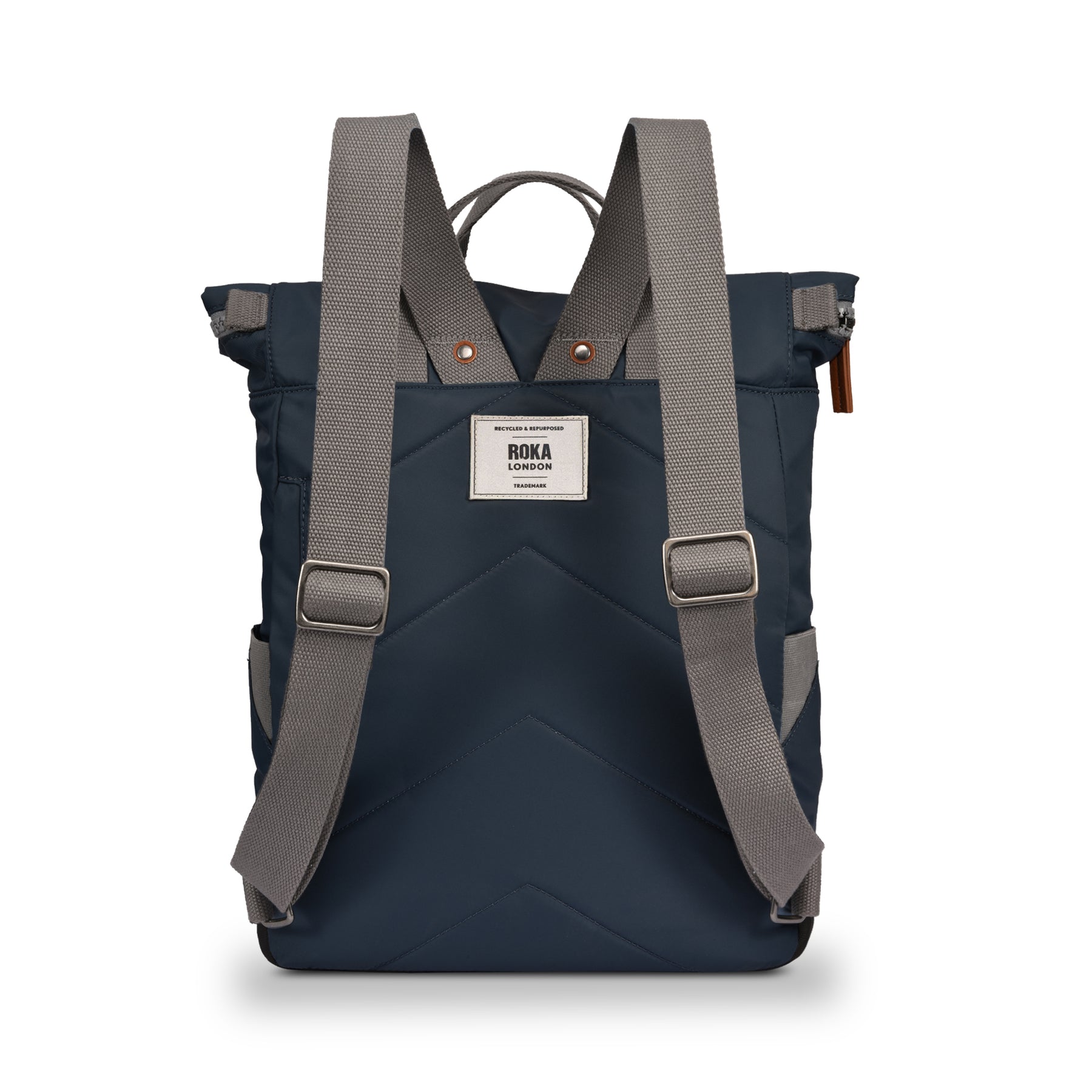 Navy blue backpack with gray straps on a white background
