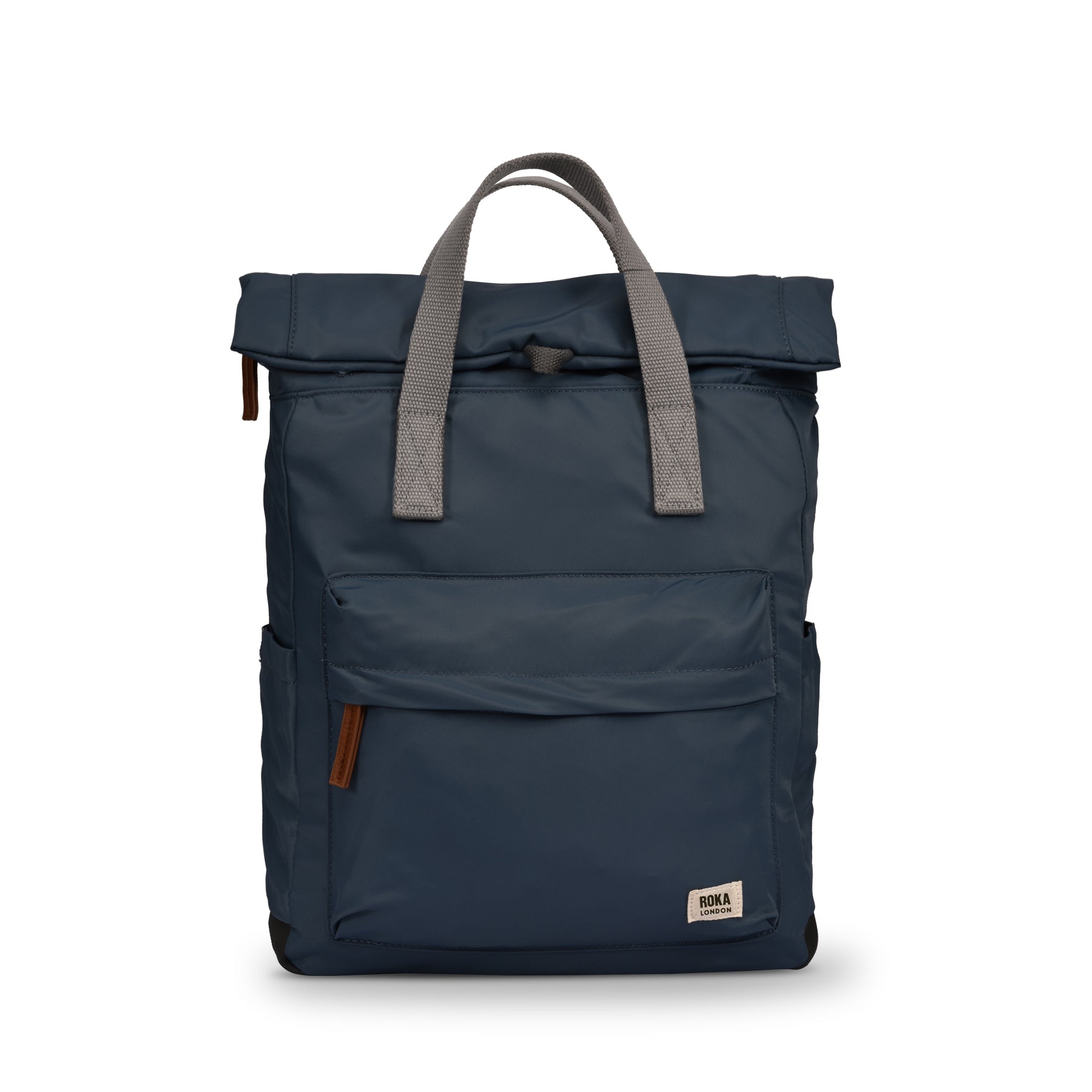 Navy blue backpack with gray straps on a white background
