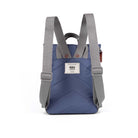 Blue backpack with gray straps on a white background