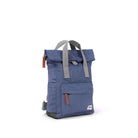 Blue backpack with gray straps on a white background