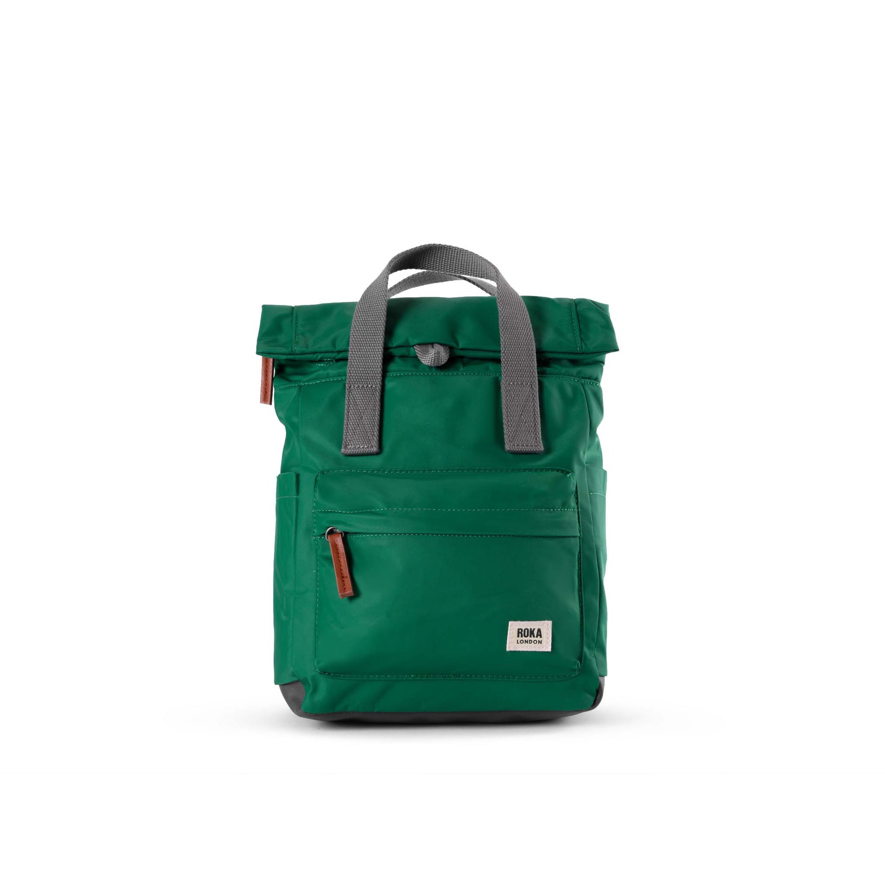 Green backpack with gray straps on a white background