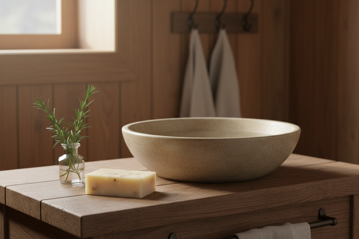 Bathroom vanity with a stone sink, soap, and plant on a wooden surface.