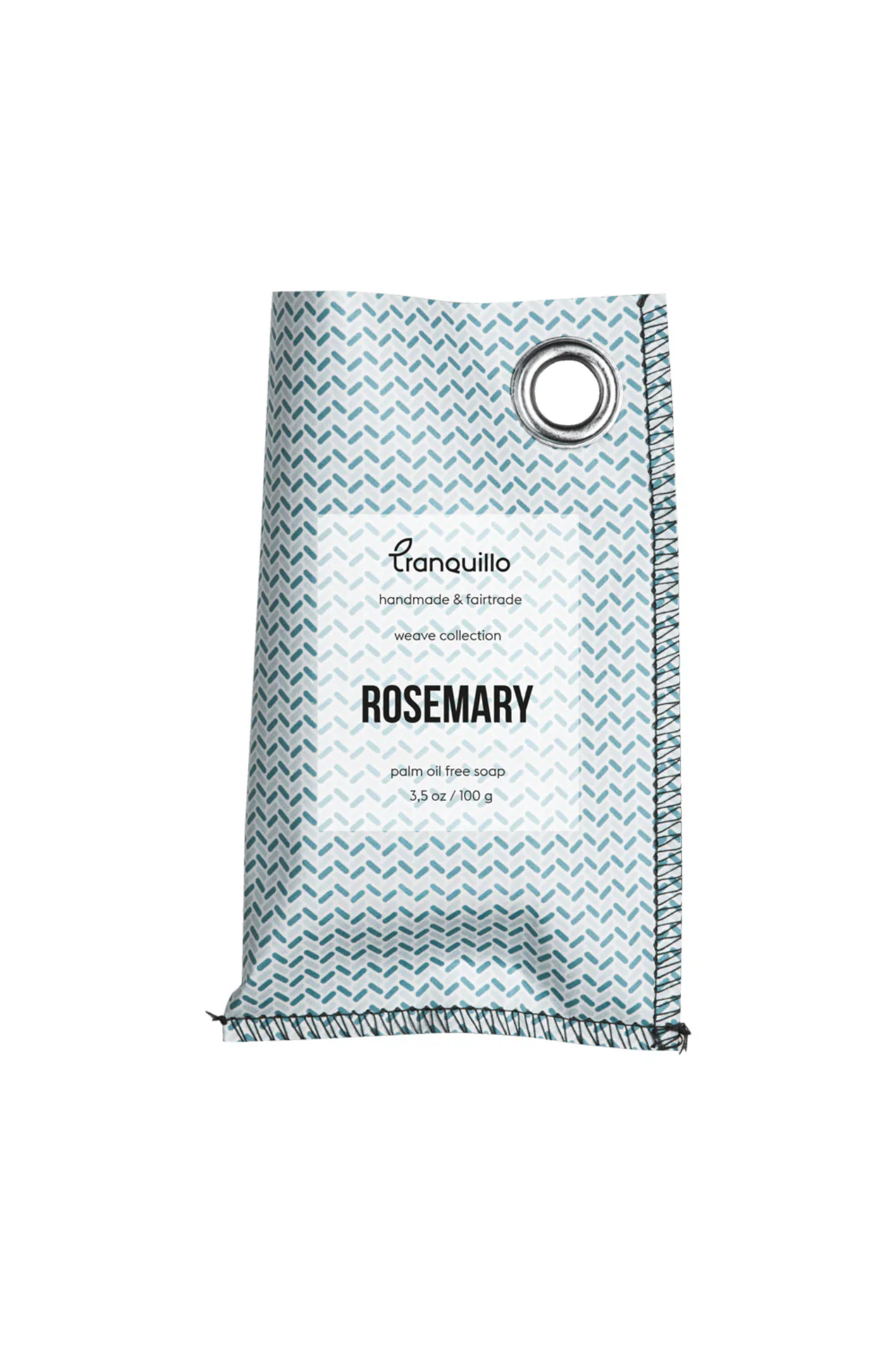 Packaged soap with 'Tranquillo' branding and 'Rosemary' text on a white background