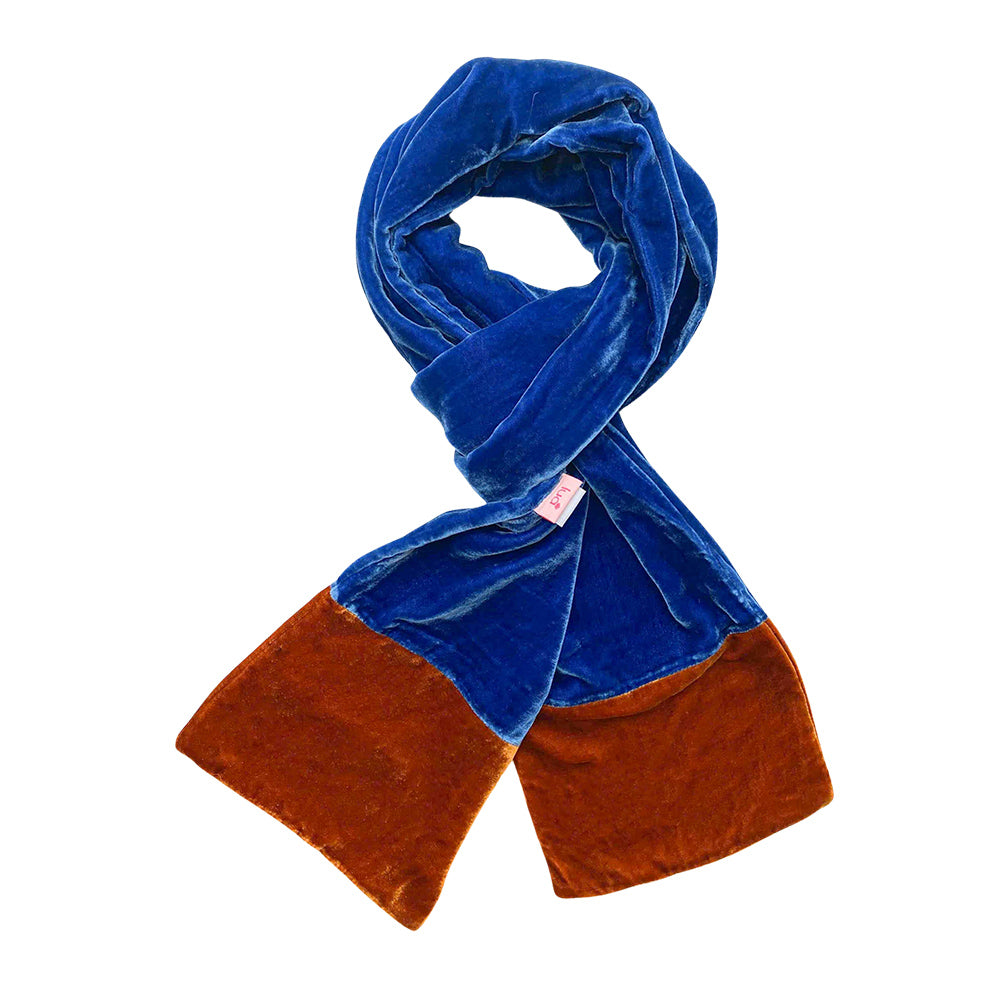 Blue and brown velvet scarf on a white background