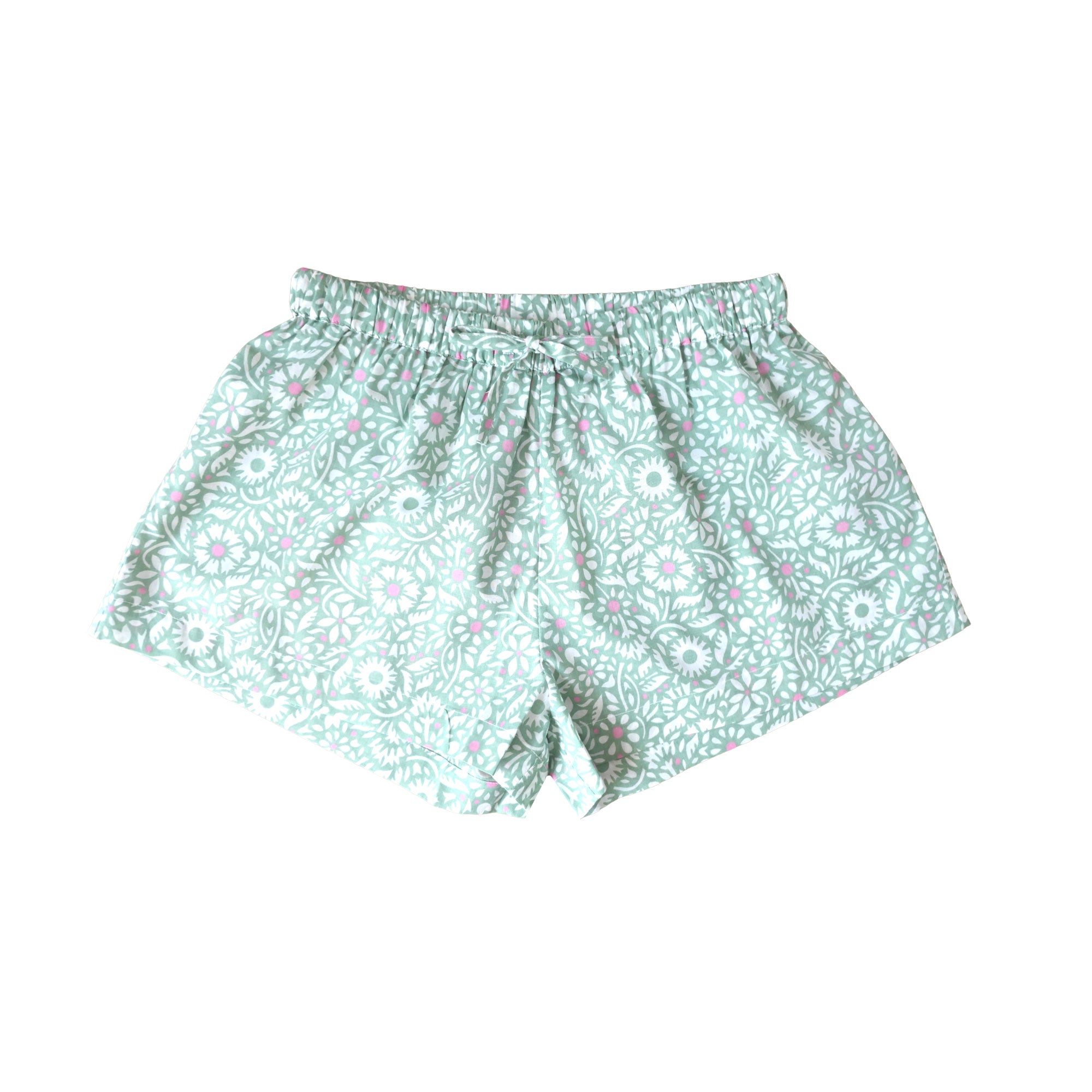 Floral patterned shorts on a white background