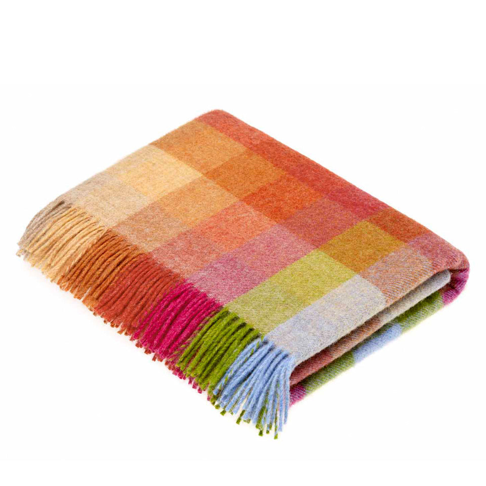 Colorful checkered blanket with fringes on a white background