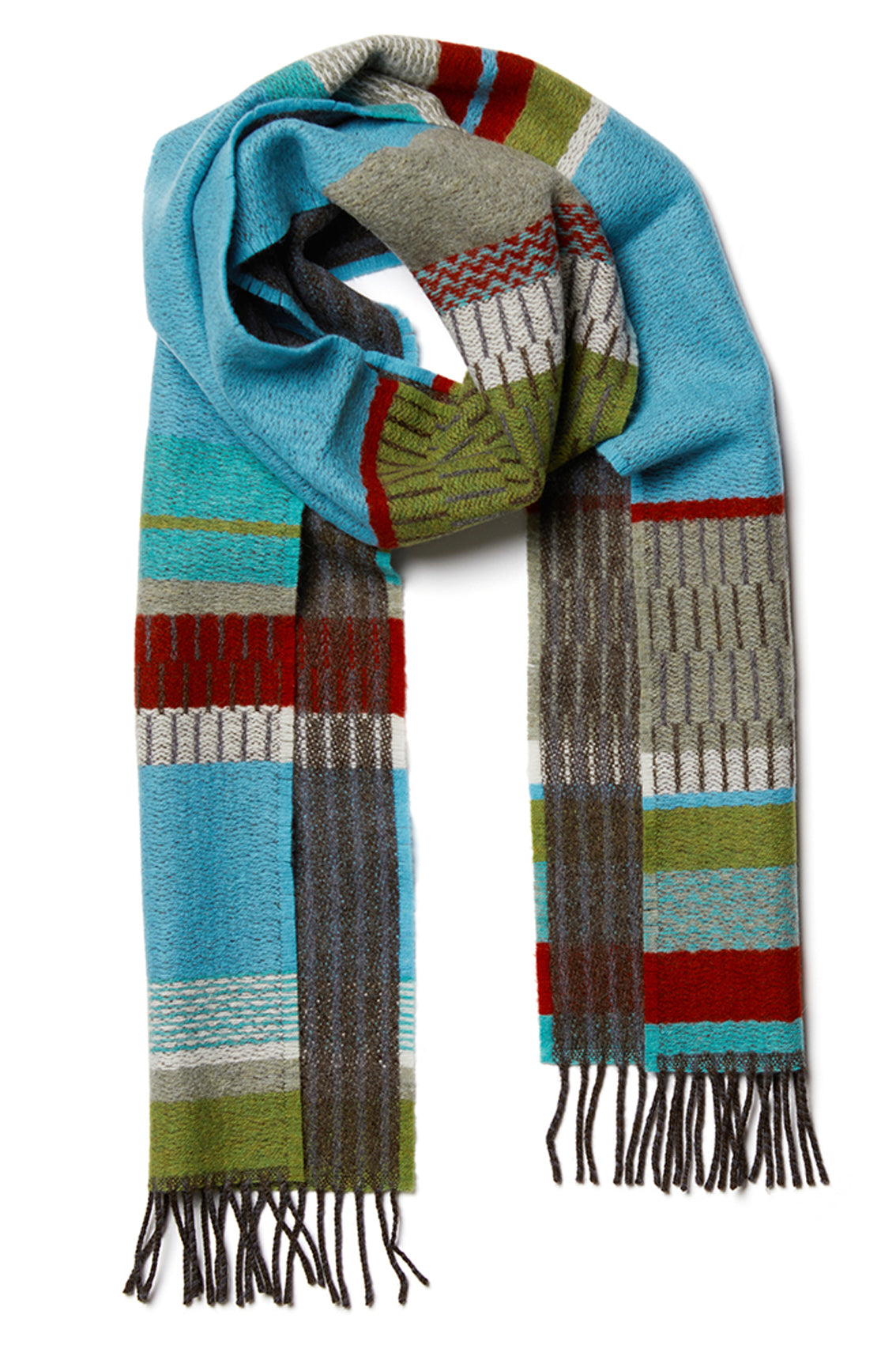 Multicolored striped scarf with fringes on a white background