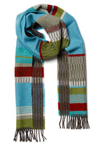 Multicolored striped scarf with fringes on a white background