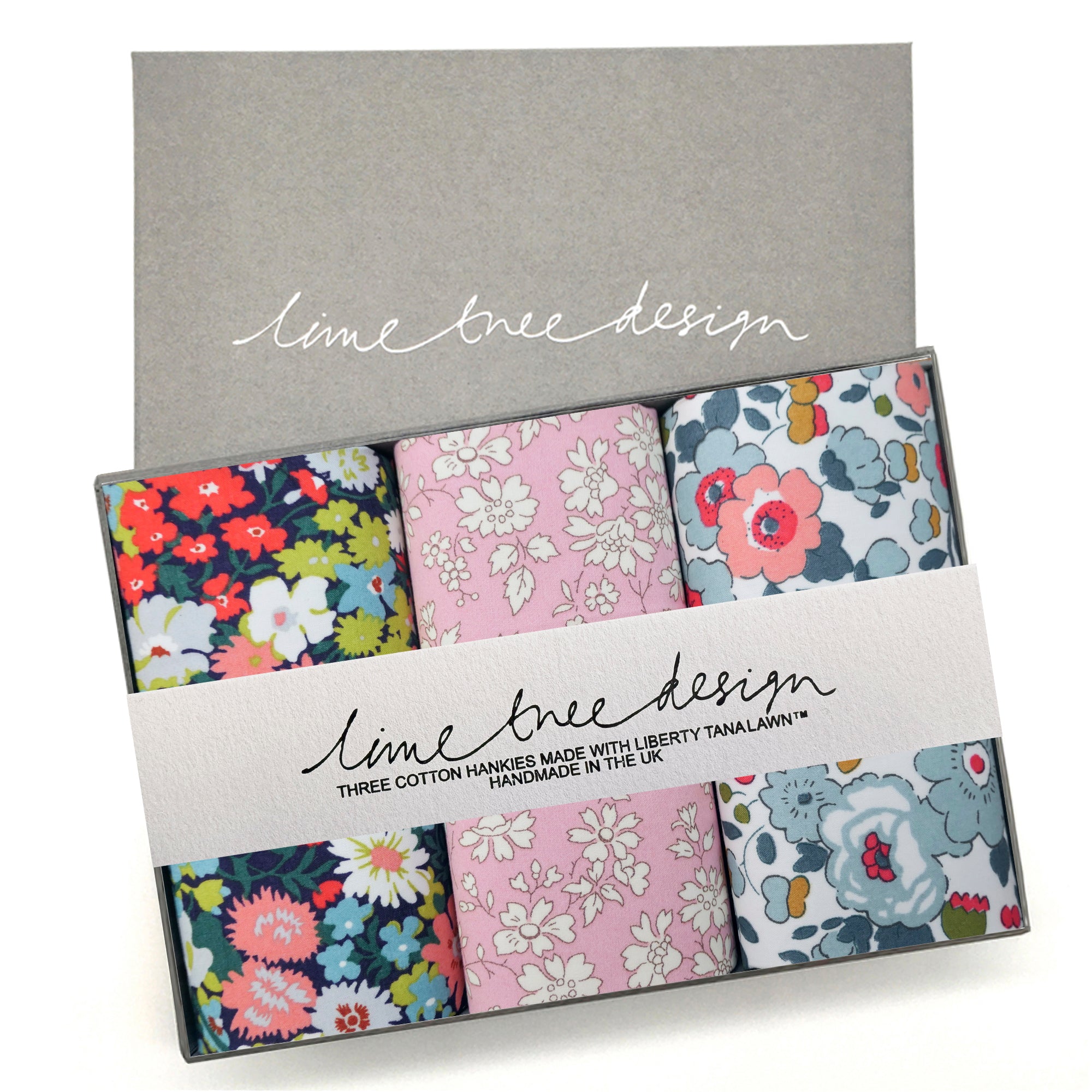 Packaged set of floral cotton hankies with 'lime tree design' branding.