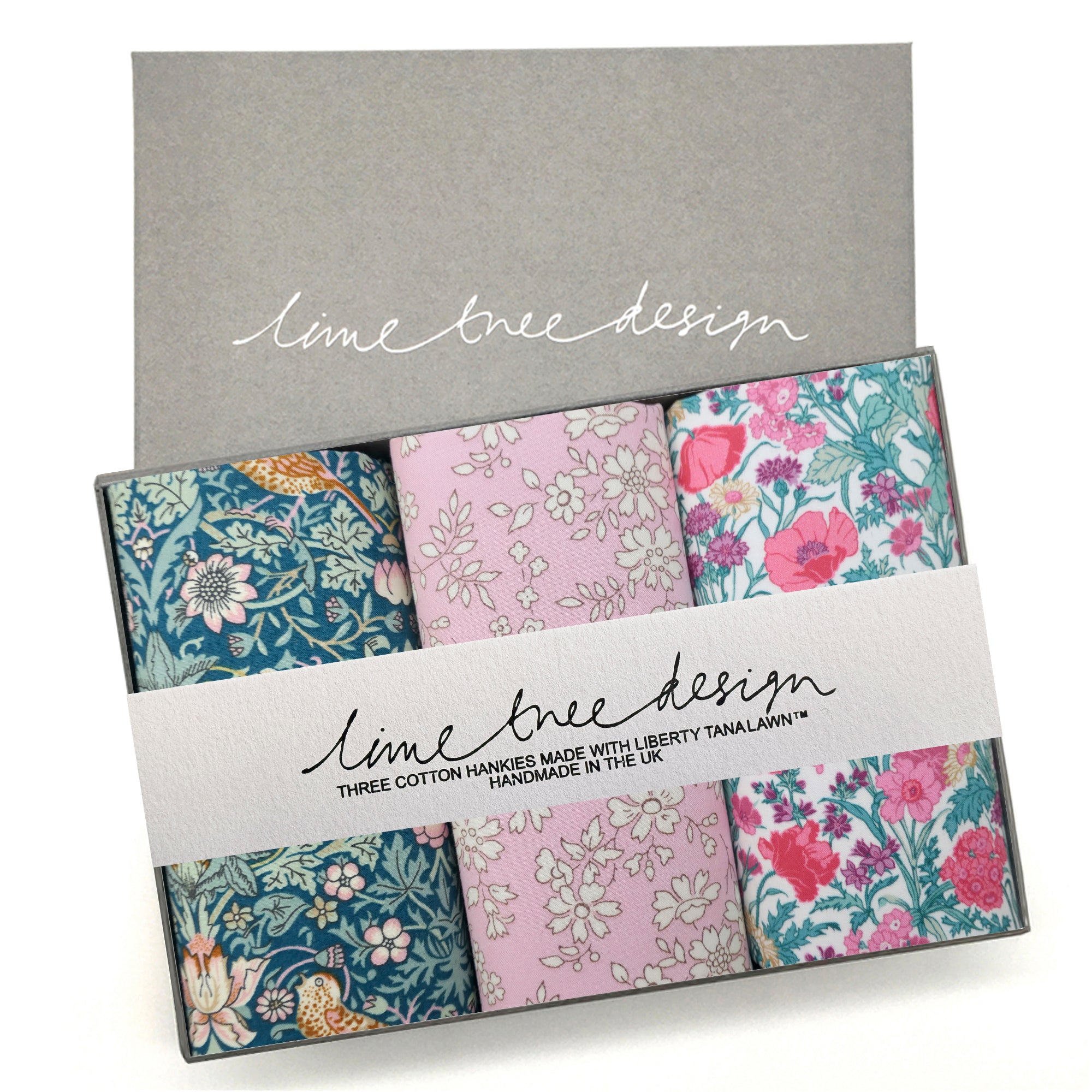 Set of floral handkerchiefs in a box with 'lime tree design' branding.