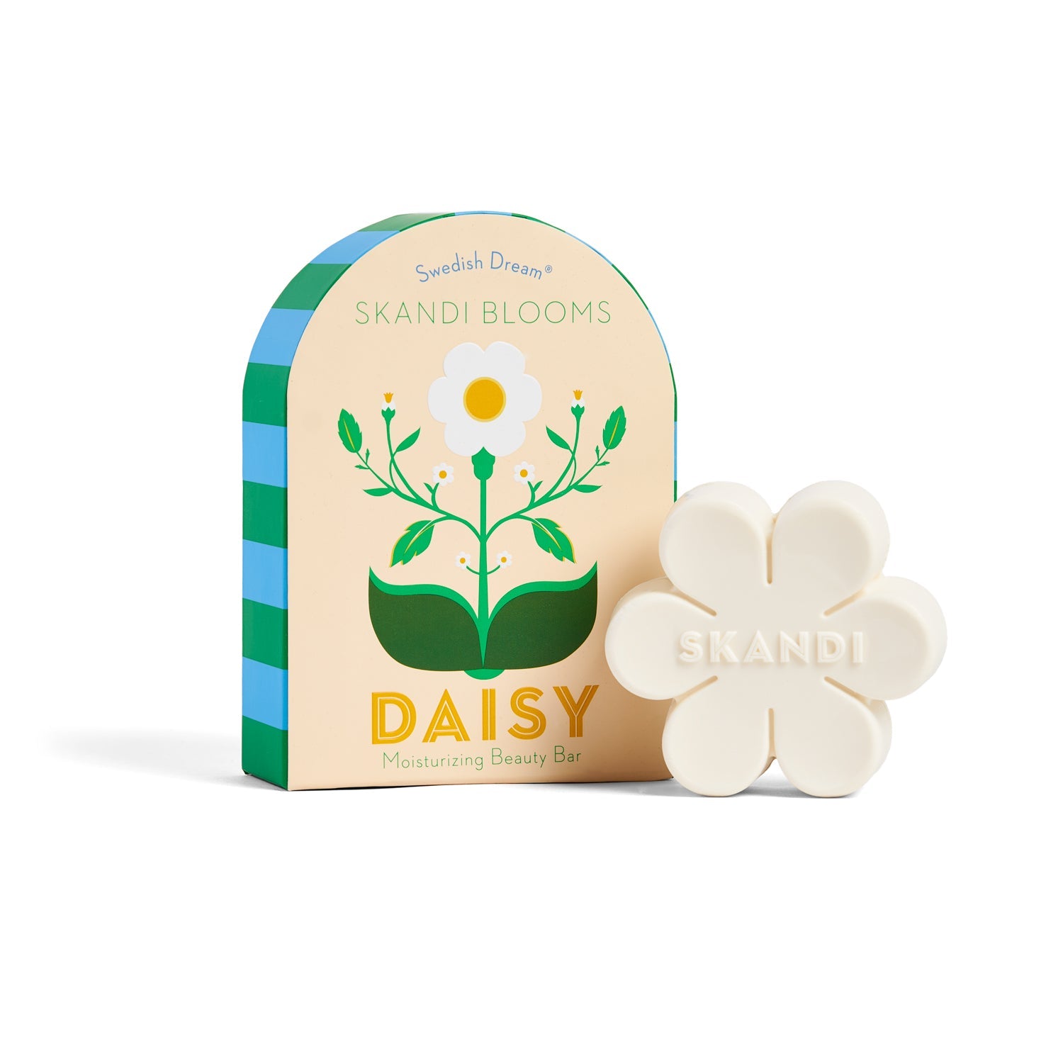 Skandi Blooms Daisy soap bar with packaging on a white background