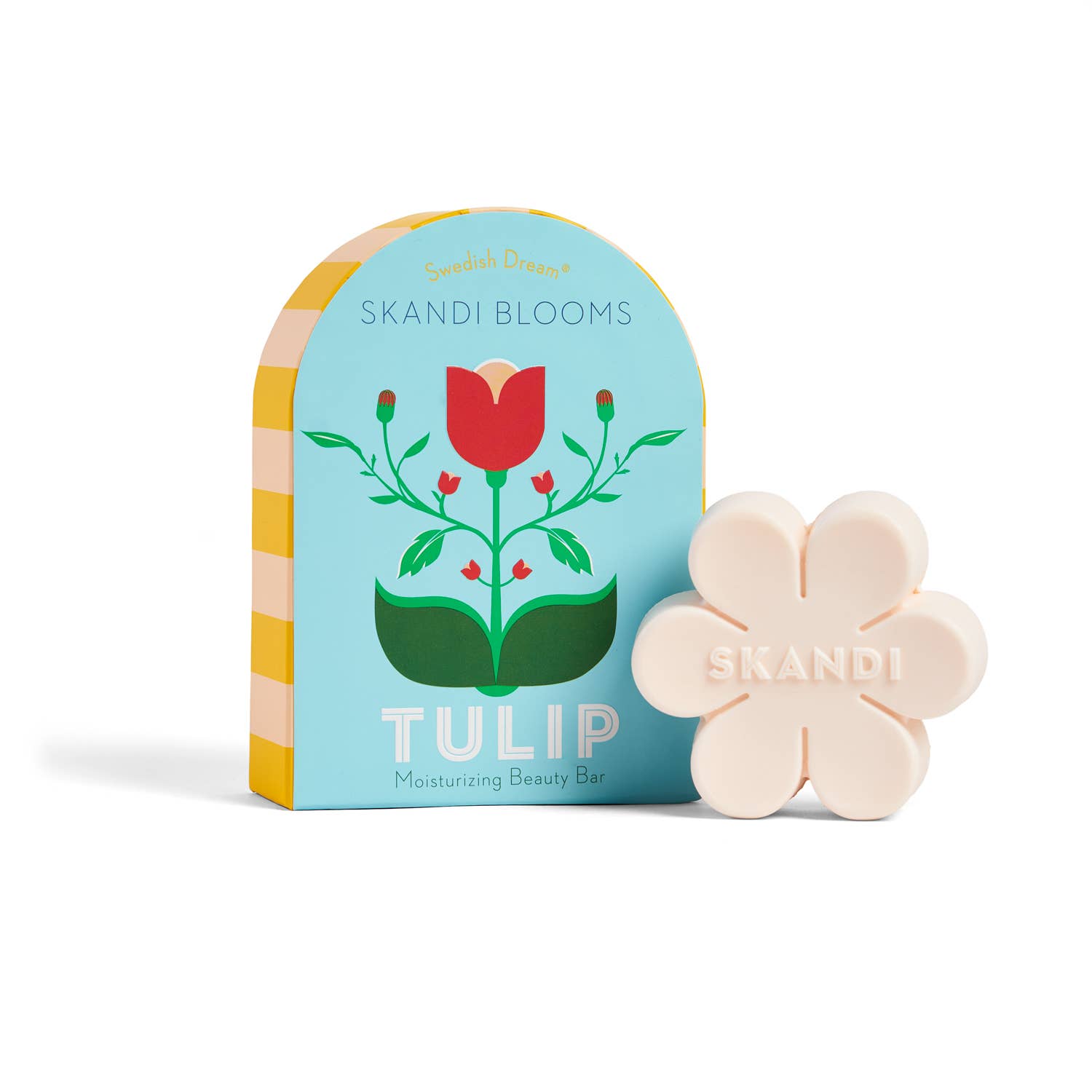 Skandi Blooms Tulip soap bar with colourful packaging on a white background