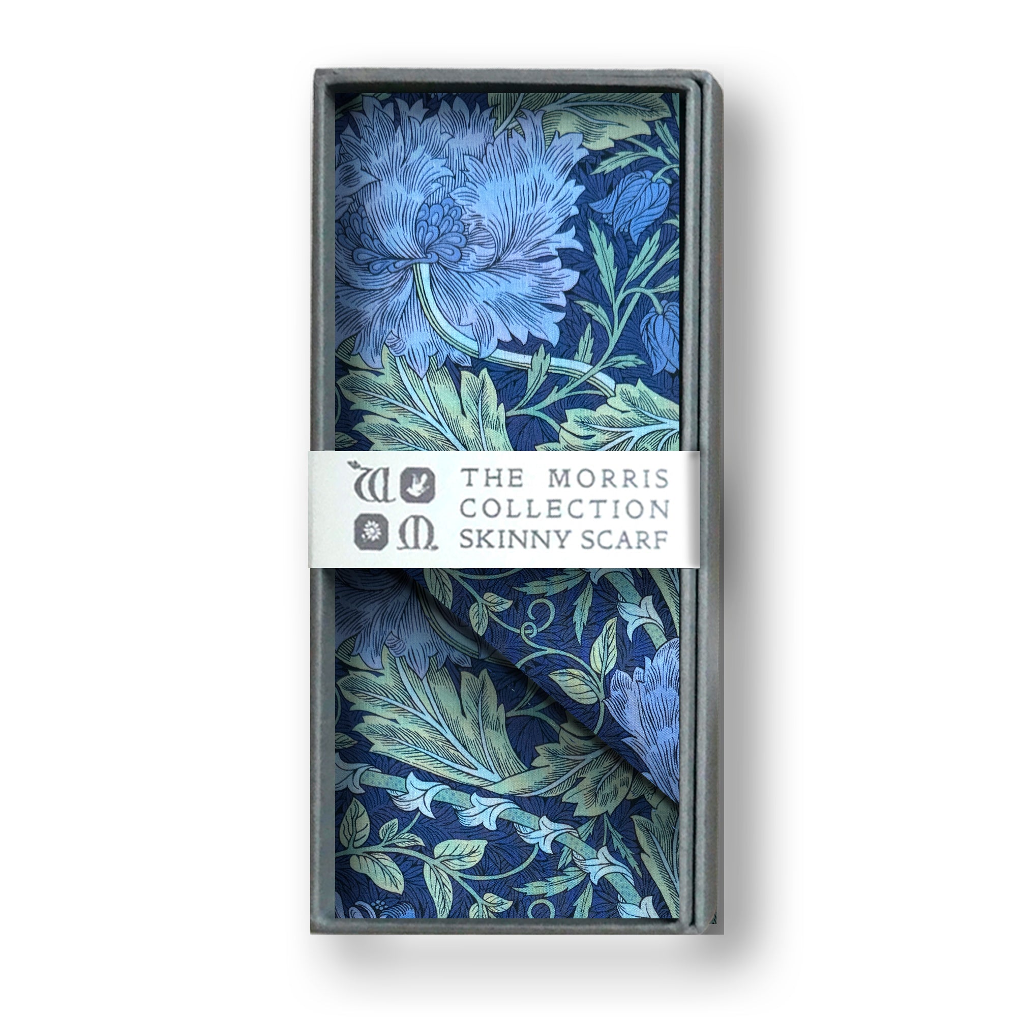 Floral patterned scarf in a box with 'The Morris Collection' branding.